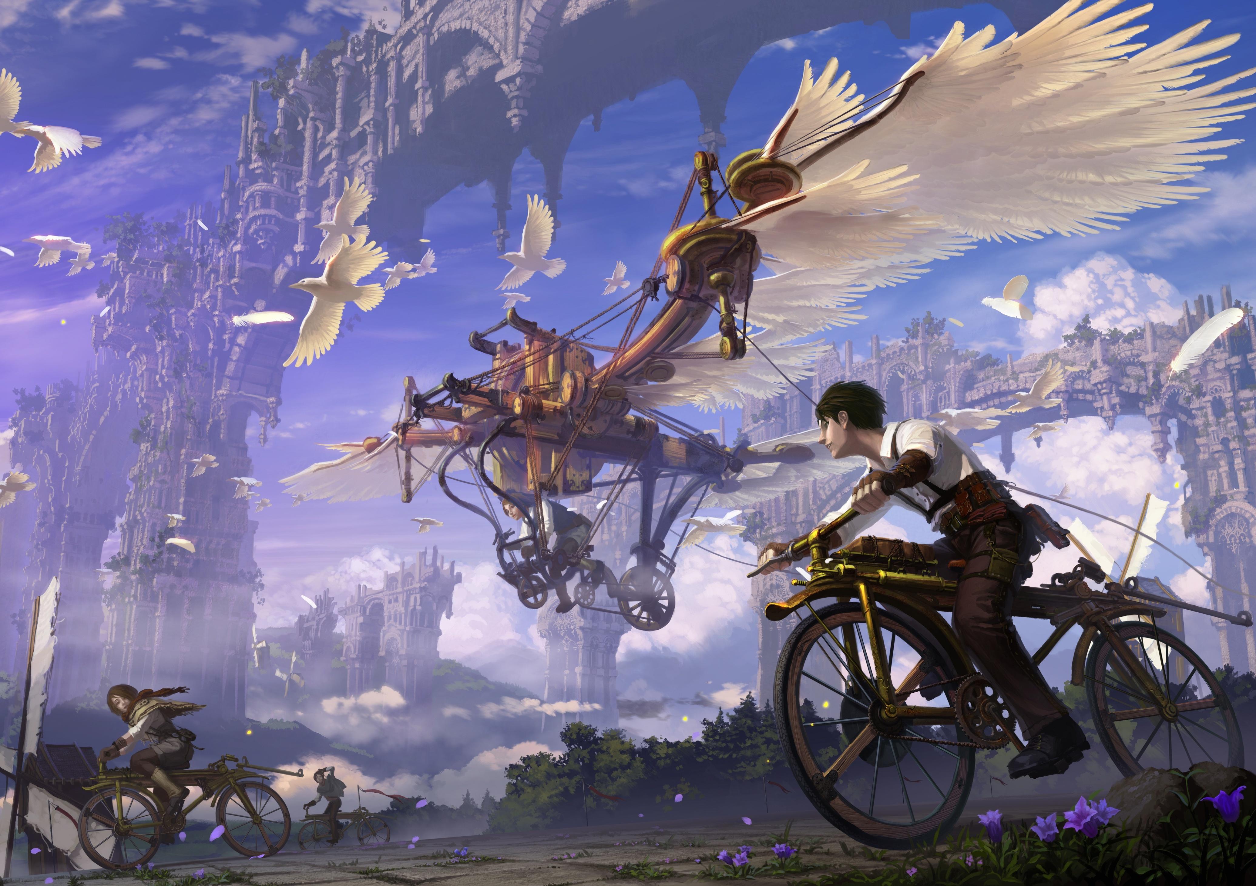 4142x2924 Wallpaper Boy, Birds, Girl, Anime Scenery, Steampunk, Fantasy, Bicycle:4142x2924