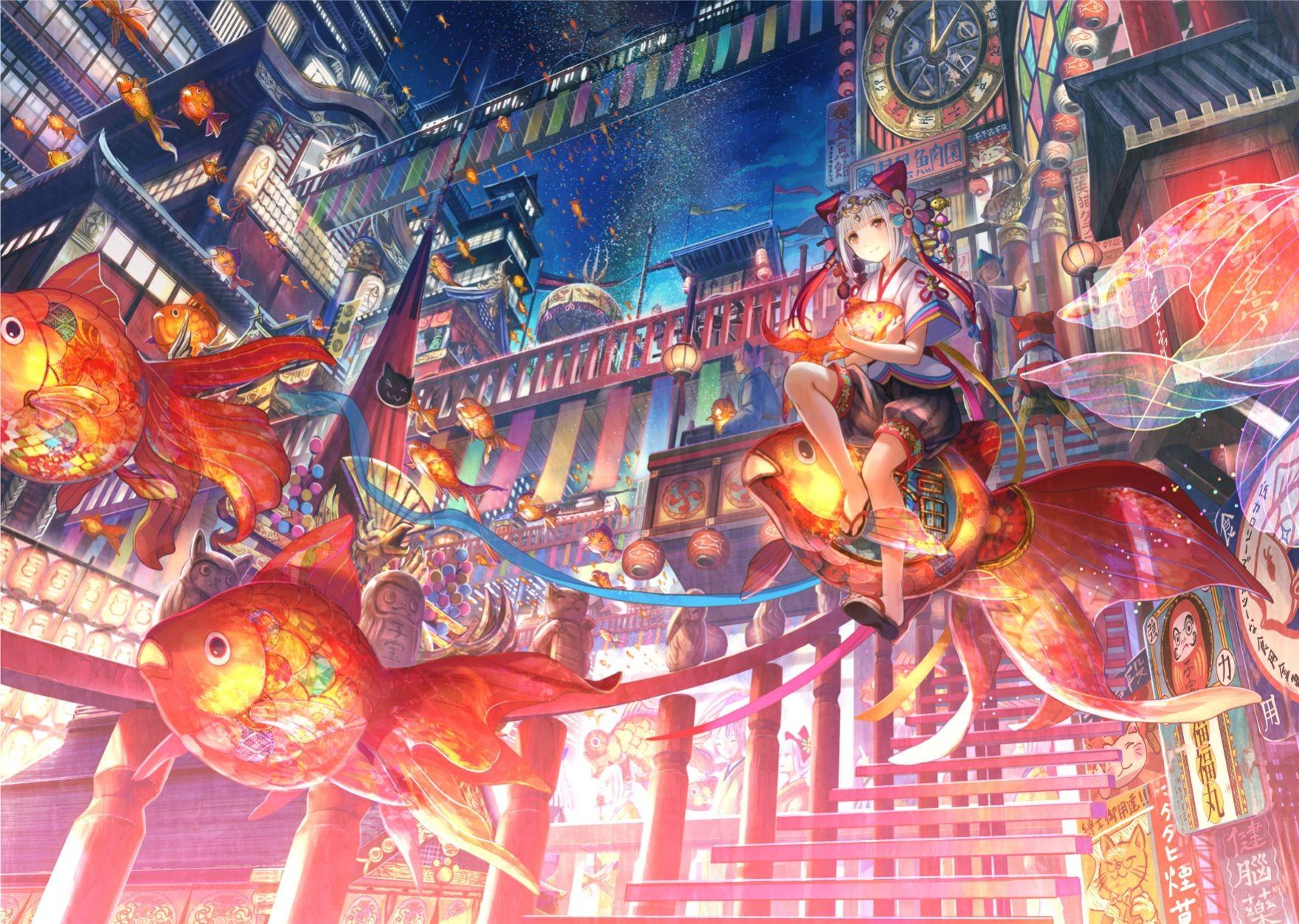1760x1252 #Japan, #fantasy art, #night, #steampunk, #fish, #sky, #anime girls, #oriental, #original characters, #water, #anime, #looking away, #Asian architecture, #short hair, #Fuji Choko, #blonde, wallpaper. Mocah HD Wallpaper