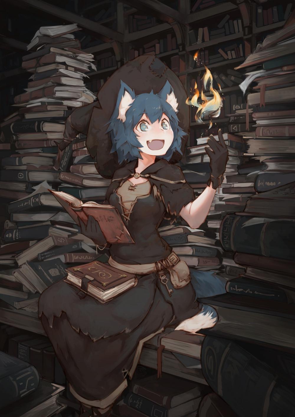 1000x1414 Wallpaper Anime Girl, Witch, Animal Ears, Library, Books, Smiling, Magic