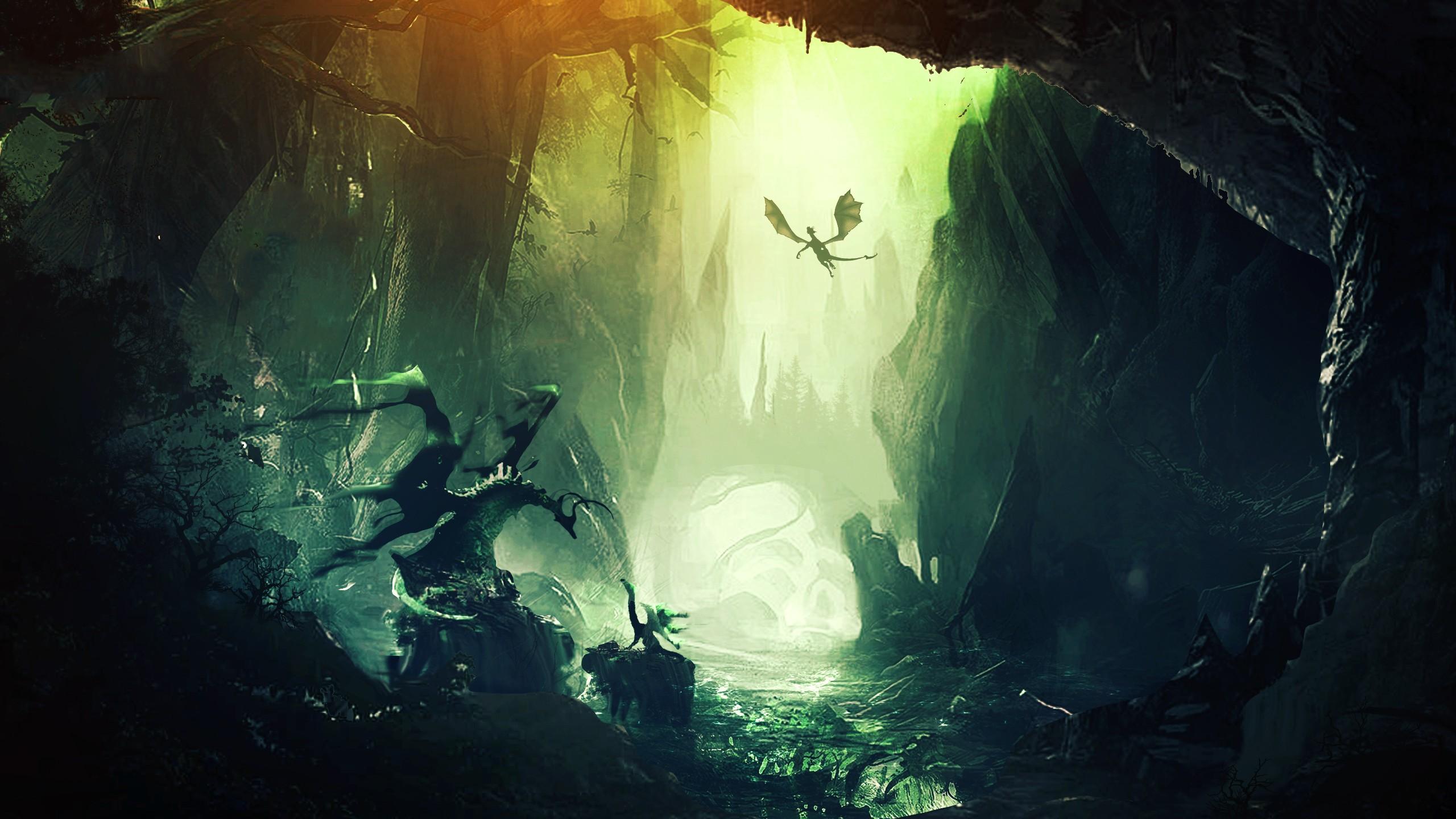 2560x1440 #forest, #fantasy art, #digital art, #artwork, #mountains, #dragon, wallpaper. Mocah HD Wallpaper