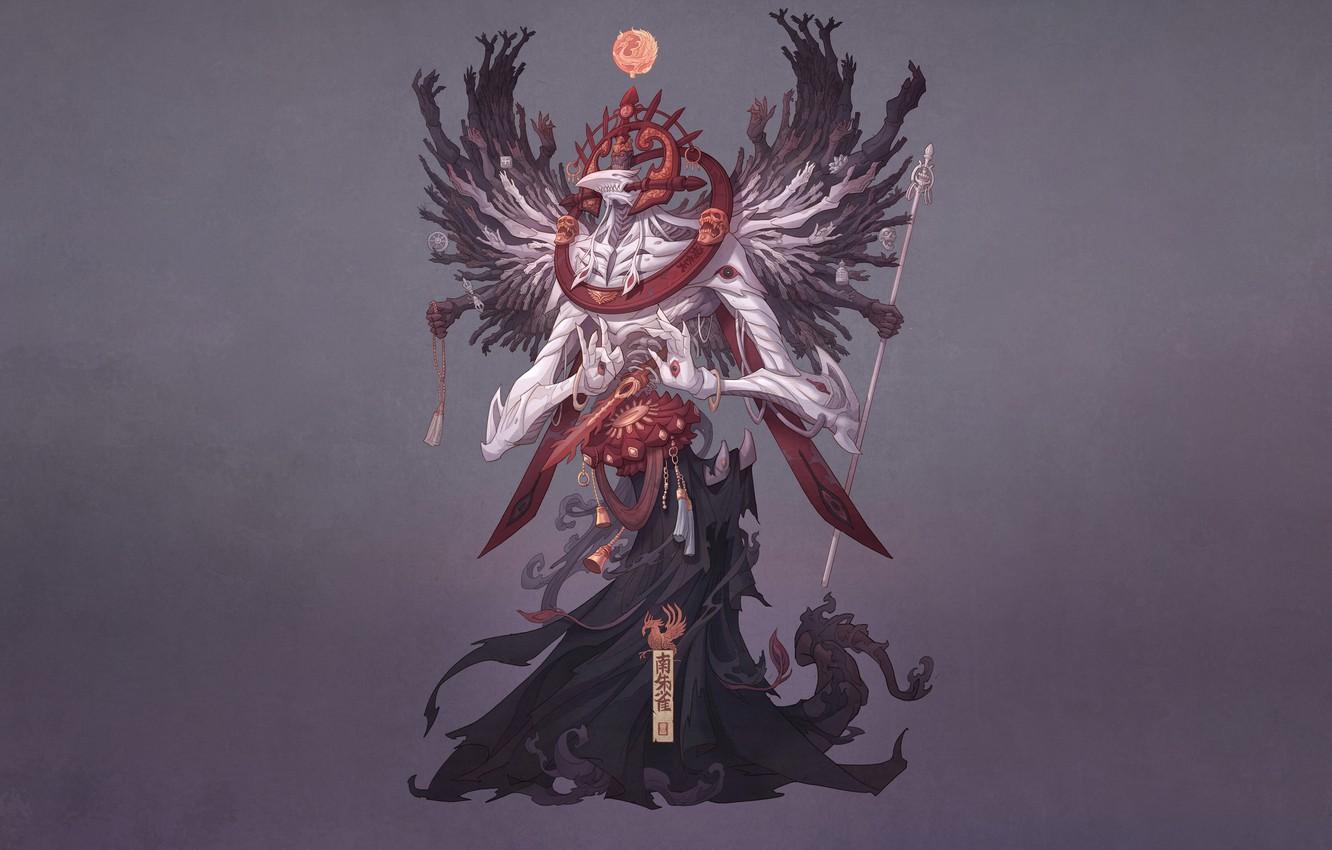 1332x850 Wallpaper Japan, Monster, Style, Wings, Japan, Spirit, Ghost, Monster, Art, Art, Style, Warrior, Fiction, Ghost, Fiction, Concept Art image for desktop, section минимализм