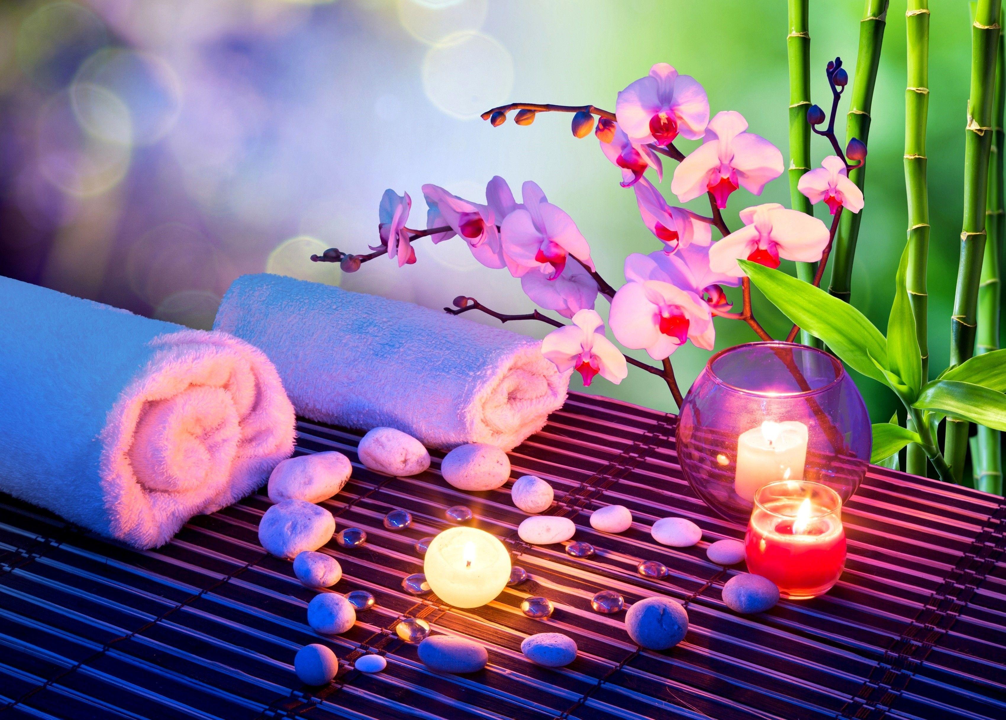 3400x2434 Flower: Bamboo Candles Stone Orchid Light Wallpaper Flower iPhone 5