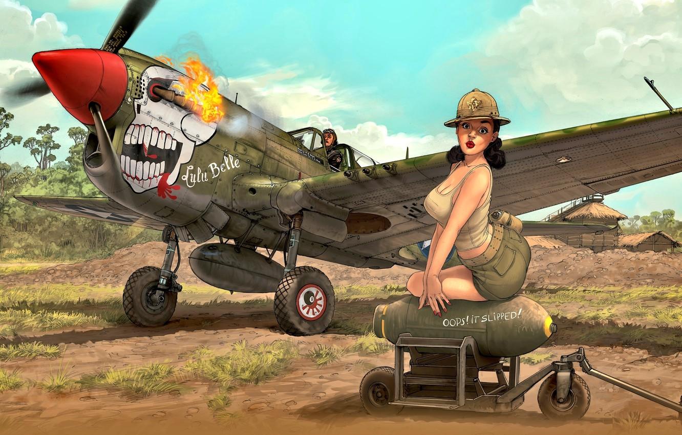1332x850 Wallpaper Girl, Pilot, WWII, P 40N, Combat Aircraft, Bomb, External Fuel Tank, ''Lulu Belle'' Image For Desktop, Section арт