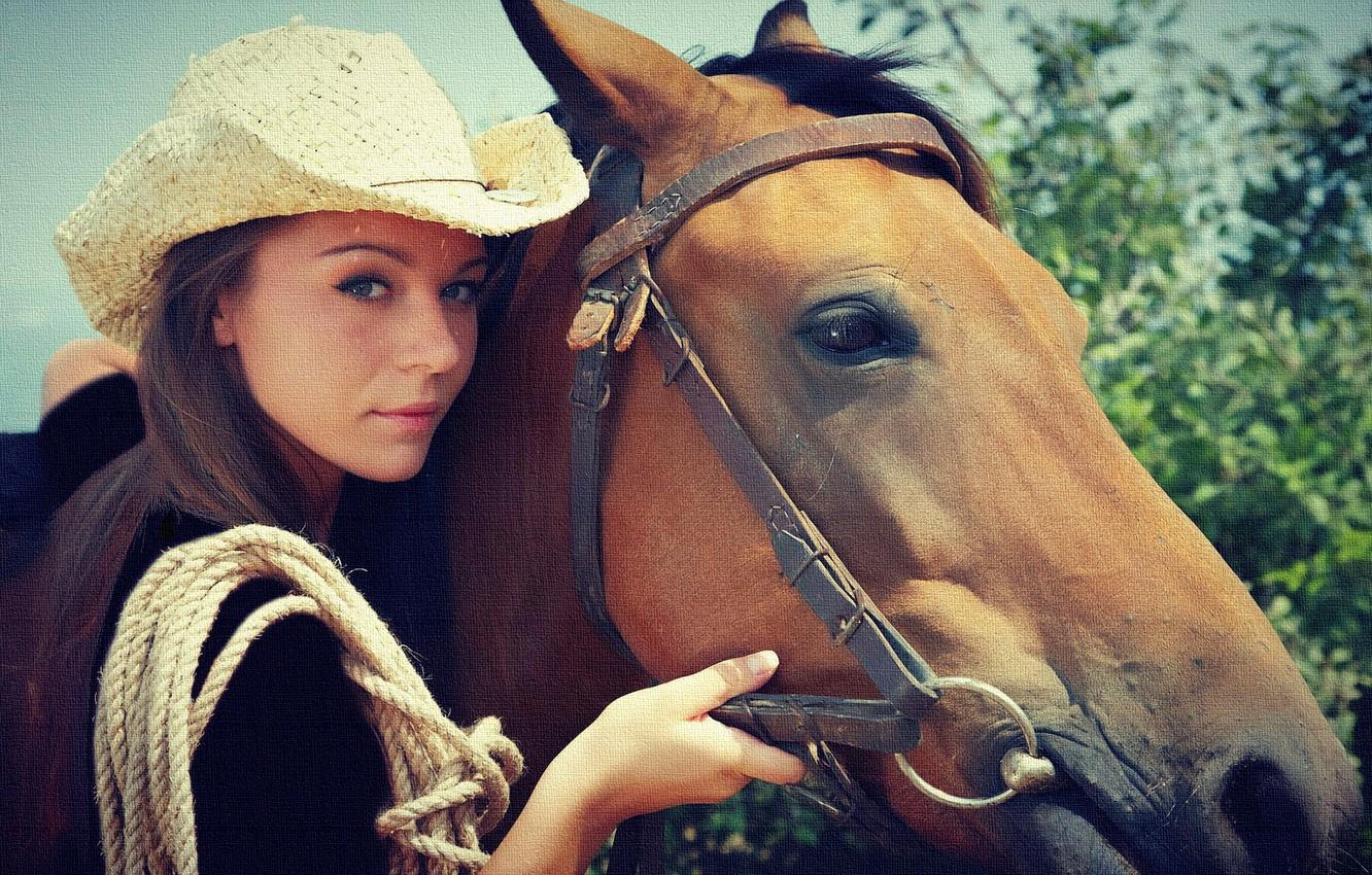 1332x850 Wallpaper hat, brunette, horse, Cowgirl, girl. teen image for desktop, section девушки