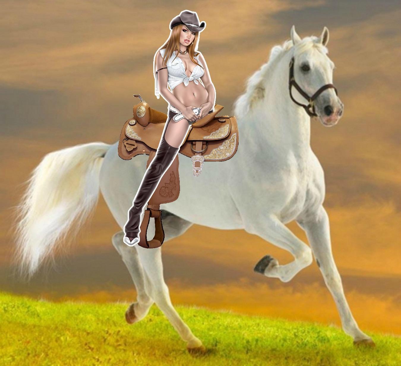 1350x1230 Cowgirl riding her beautiful white horse fã Art