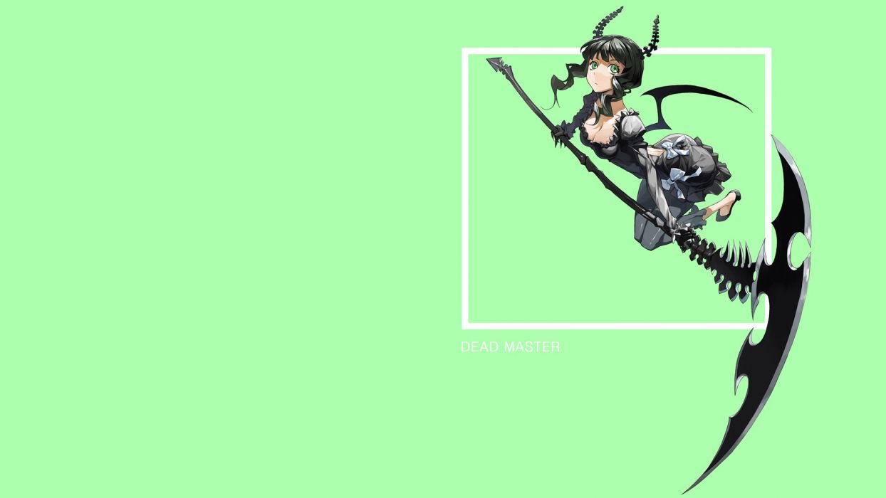 1244x700 Black Rock Shooter scythe Dead Master horns green eyes anime simple background anime girls green background wallpaperx1080