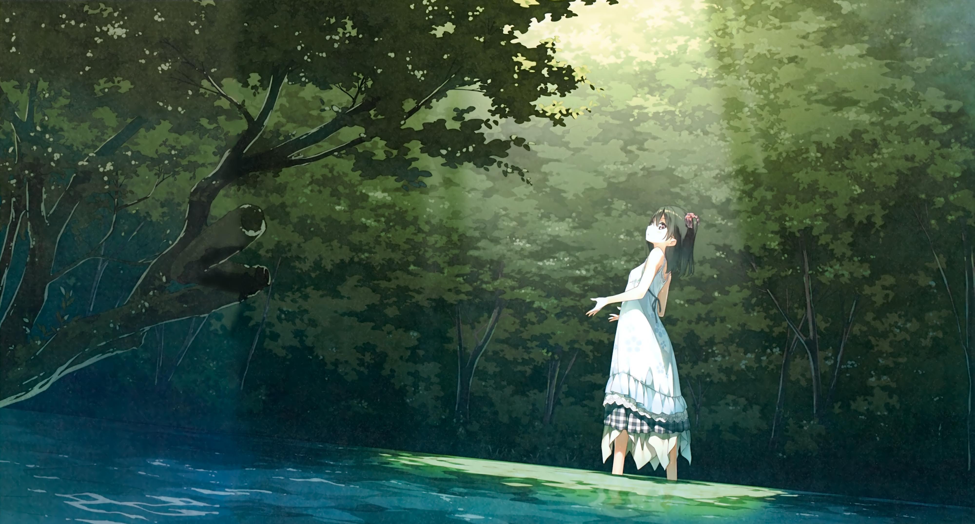 4000x2150 #black hair, #anime, #Afterschool of the 5th year, #original characters, #Kantoku, #white dress, #landscape, #dress, #park, #Shizuku (Kantoku), #forest, #trees, #green, #anime girls, #short hair, wallpaper. Mocah HD Wallpaper