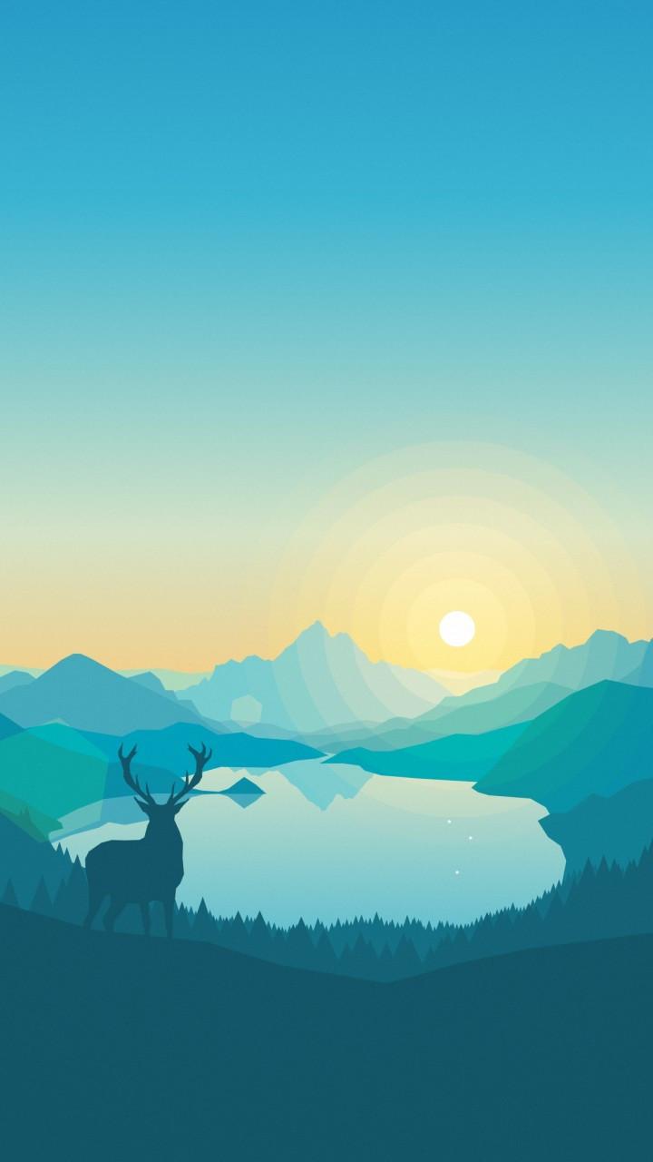 720x1280 Download 720x1280 Flat Landscape, Minimalism, Deer, Lake, Mountains, Digital Art Wallpaper for Galaxy S Galaxy Note II, Galaxy Nexus, Alcatel One Touch Idol Ultra