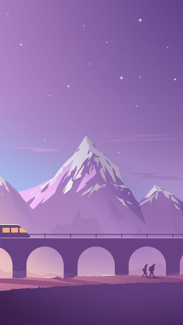 720x1280 Train, bridge, mountains, minimalistic, digital art, 720x1280 wallpaper. Scenery wallpaper, Minimalist wallpaper, Landscape wallpaper