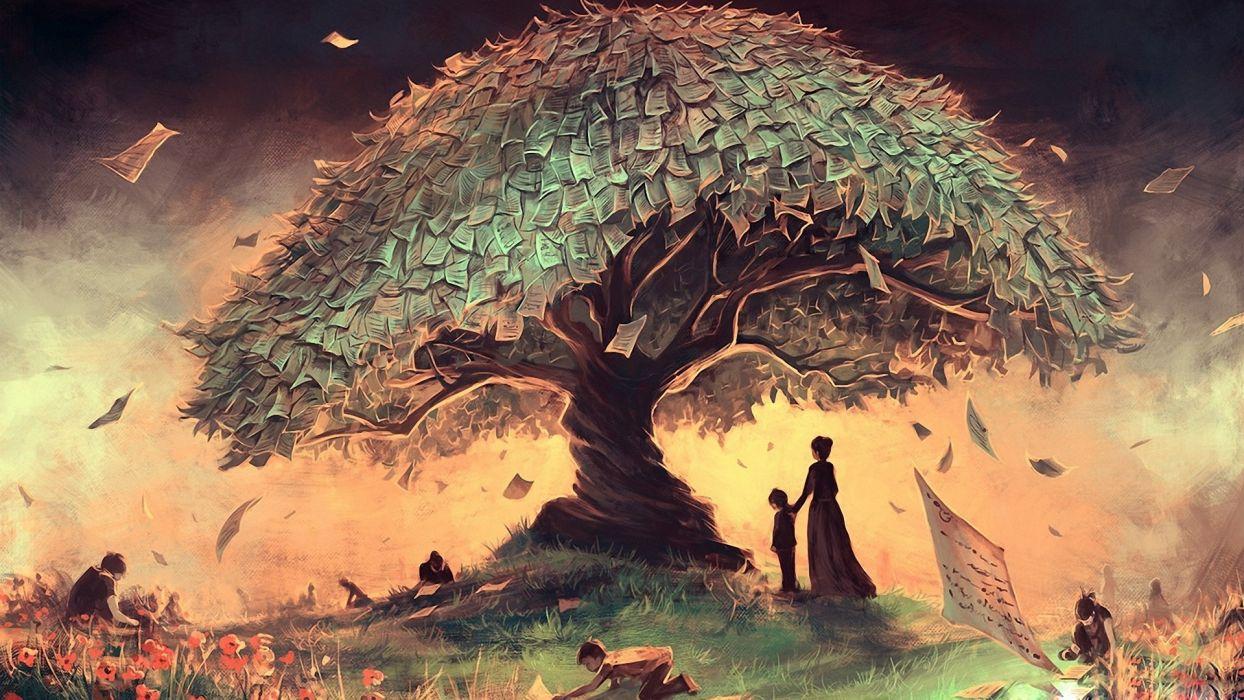 1244x700 Wishes Tree Wallpaper Woman Children Fantasy Art Wallpaperx1080