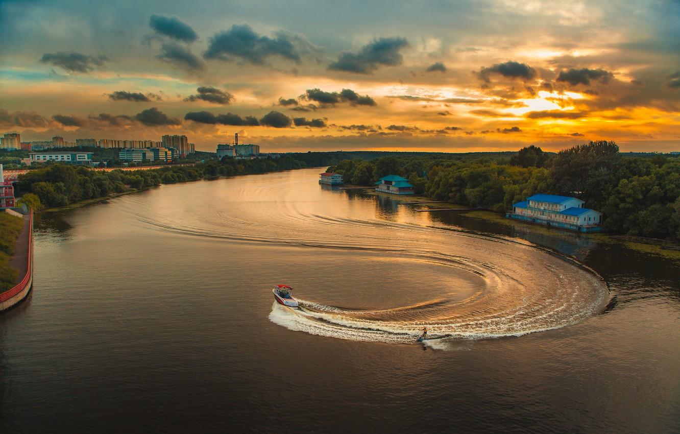 1332x850 Wallpaper sunset, river, boat, Krylatskoe, in the night, wakeboard image for desktop, section пейзажи
