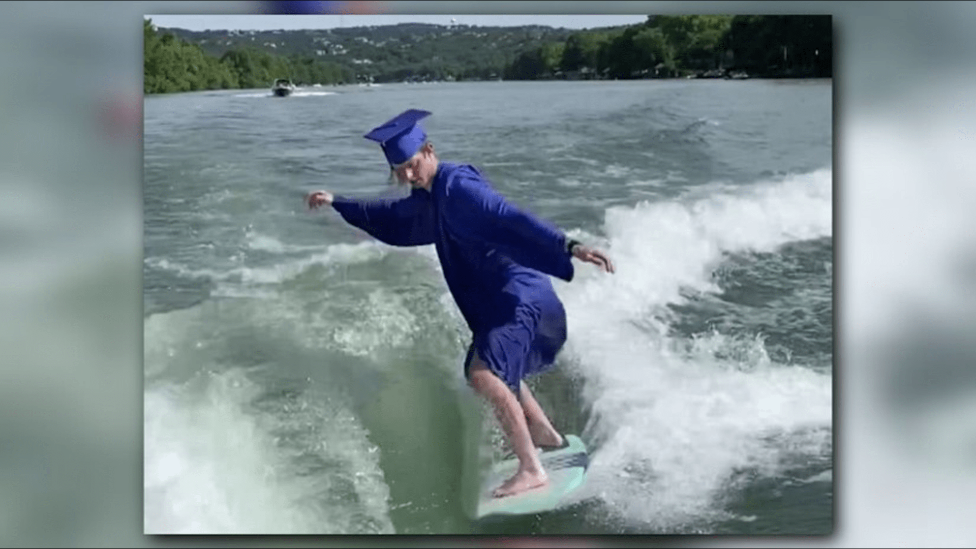 1920x1080 Graduation celebration: Wakesurfing in cap and gown on Austin lake