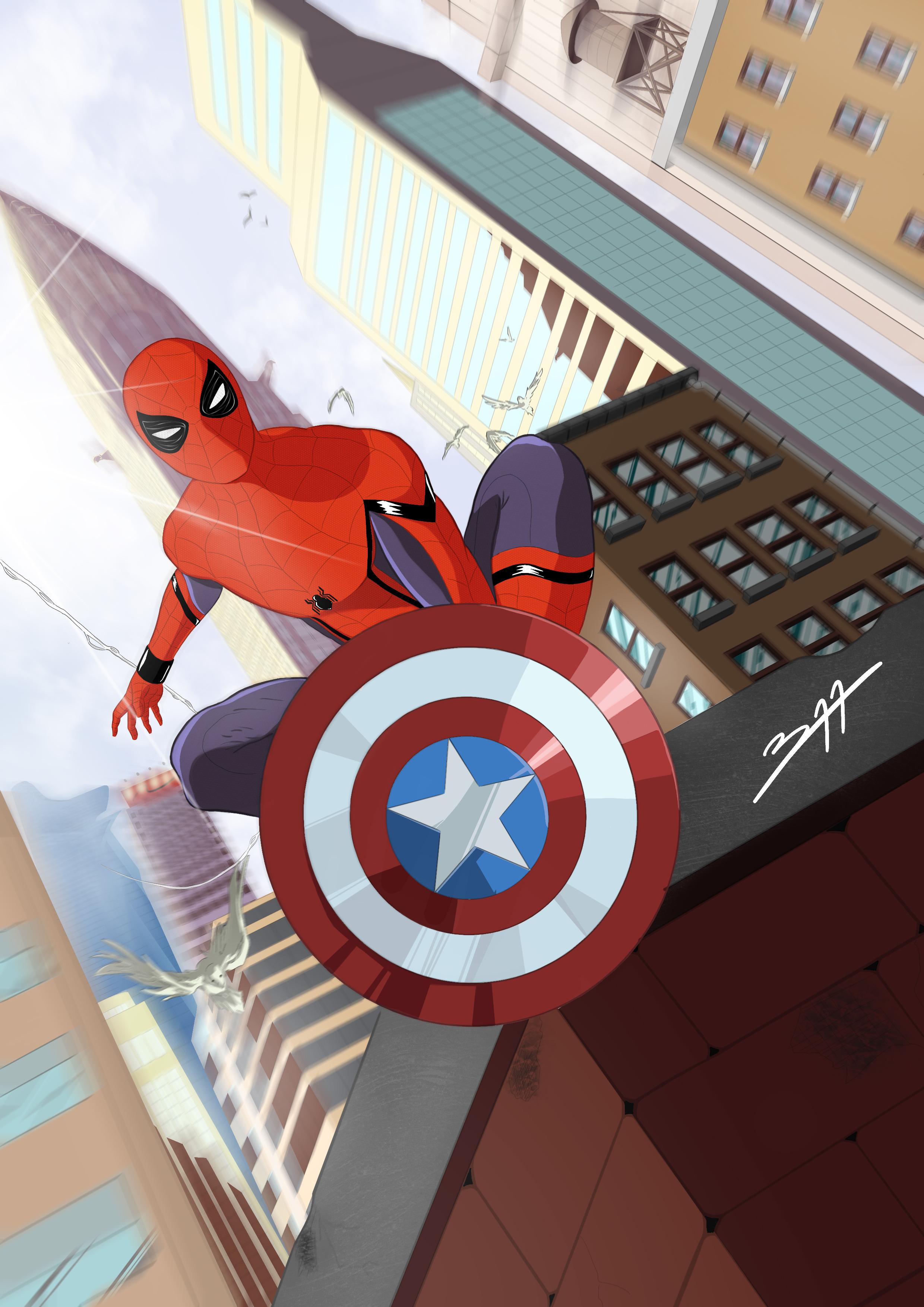 2480x3508 Spiderman With Captain America Shield Art