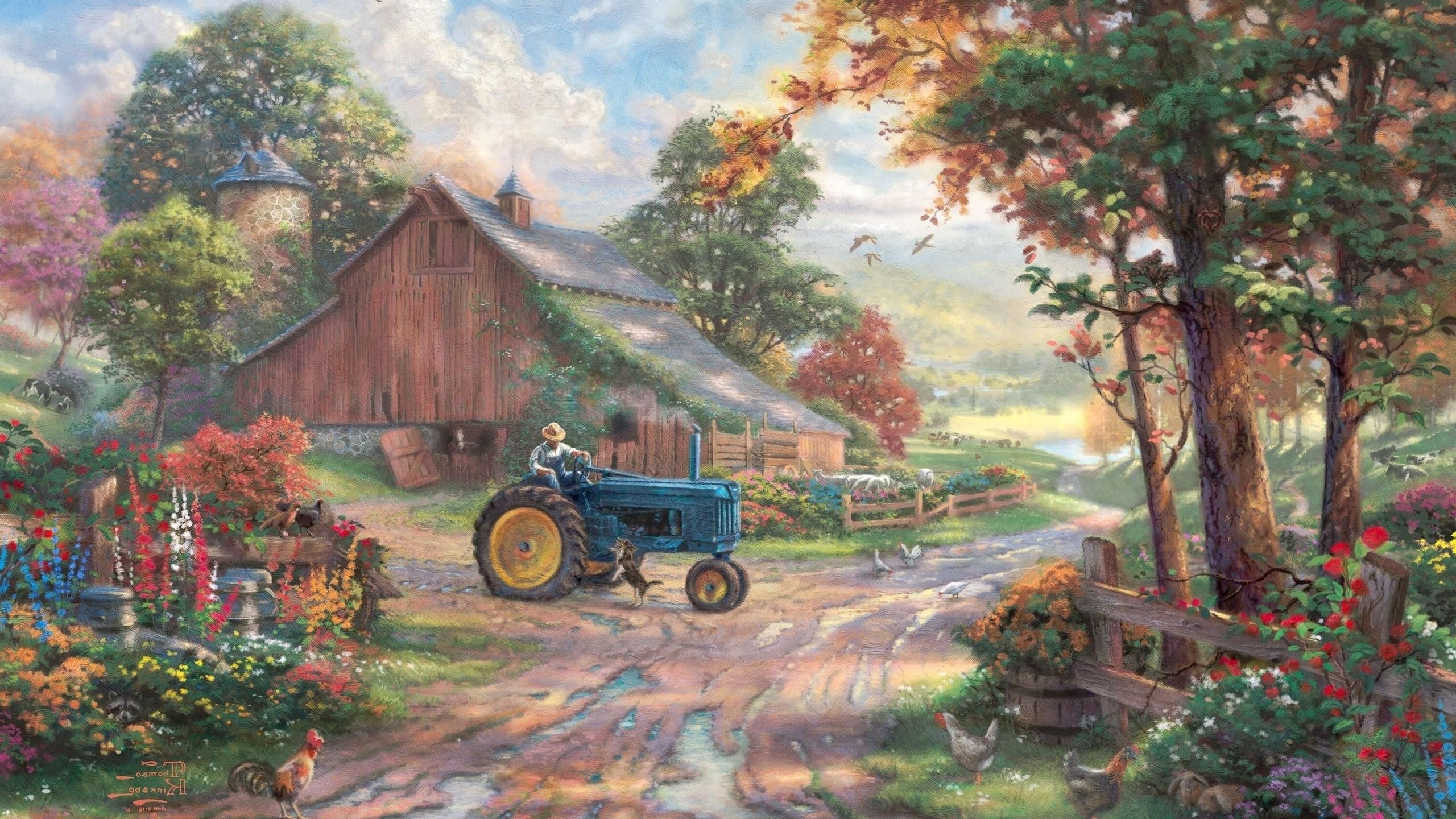 2560x1440 thomas kinkade painting farm barns chickens tractors flowers dirt road wallpaper