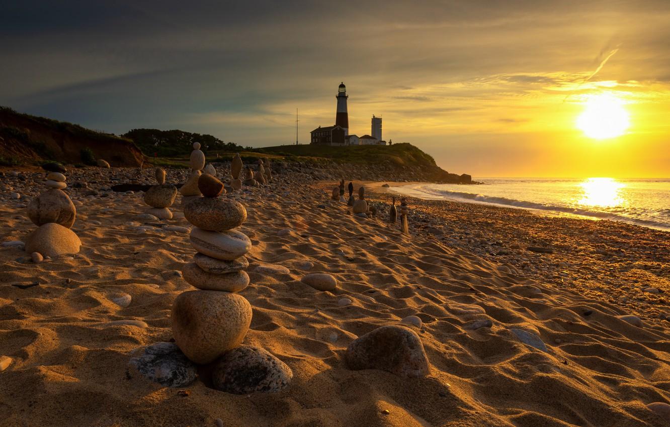 1332x850 Wallpaper Beach, Golden Sunrise, Montauk Lighthouse image for desktop, section природа