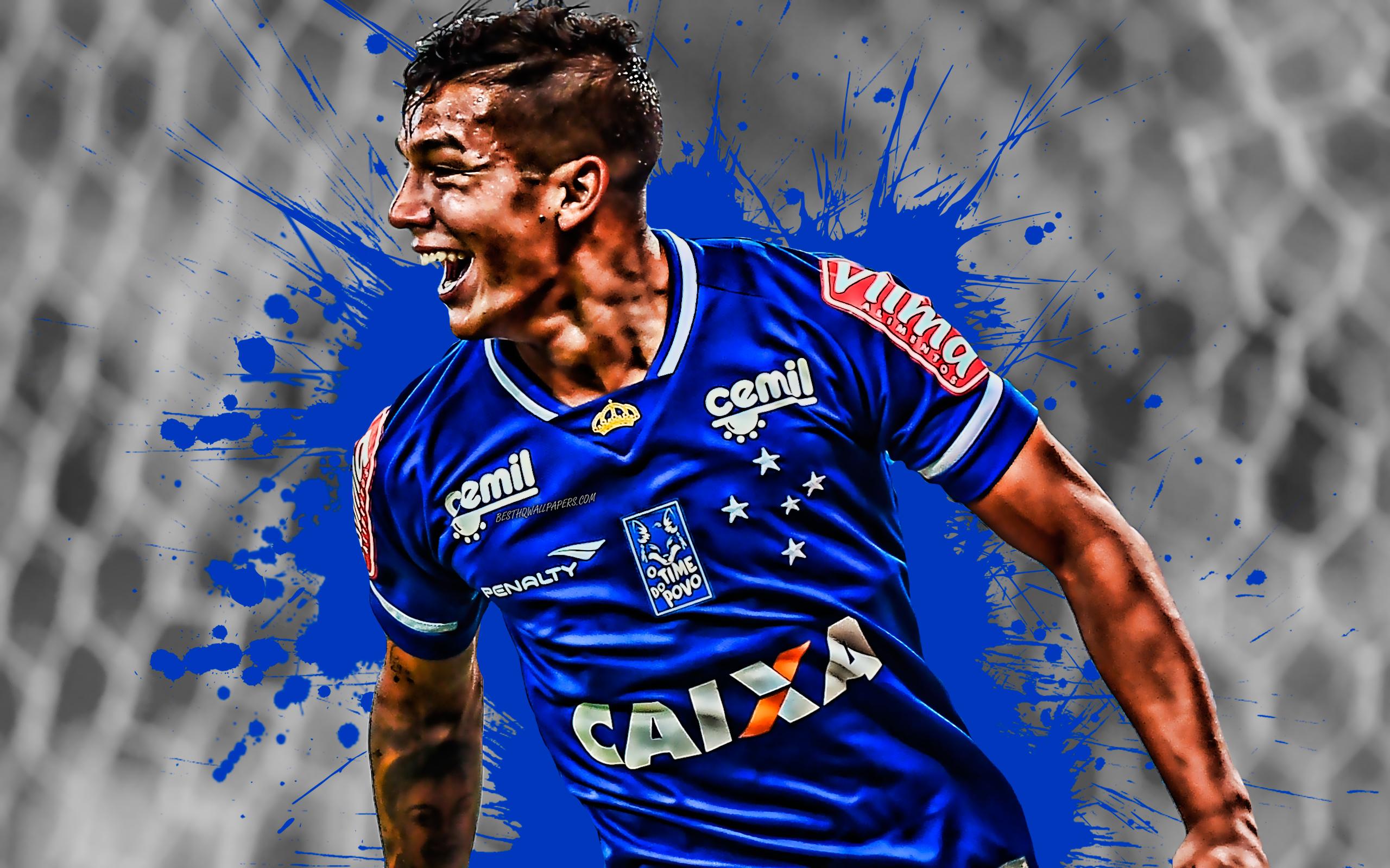 2560x1600 Download wallpaper Lucas Romero, Cruzeiro FC, goal, joy, Argentine footballer, midfielder, portrait, creative art, Serie A, Brazil, Cruzeiro Esporte Clube for desktop with resolution 2560x1600. High Quality HD picture wallpaper