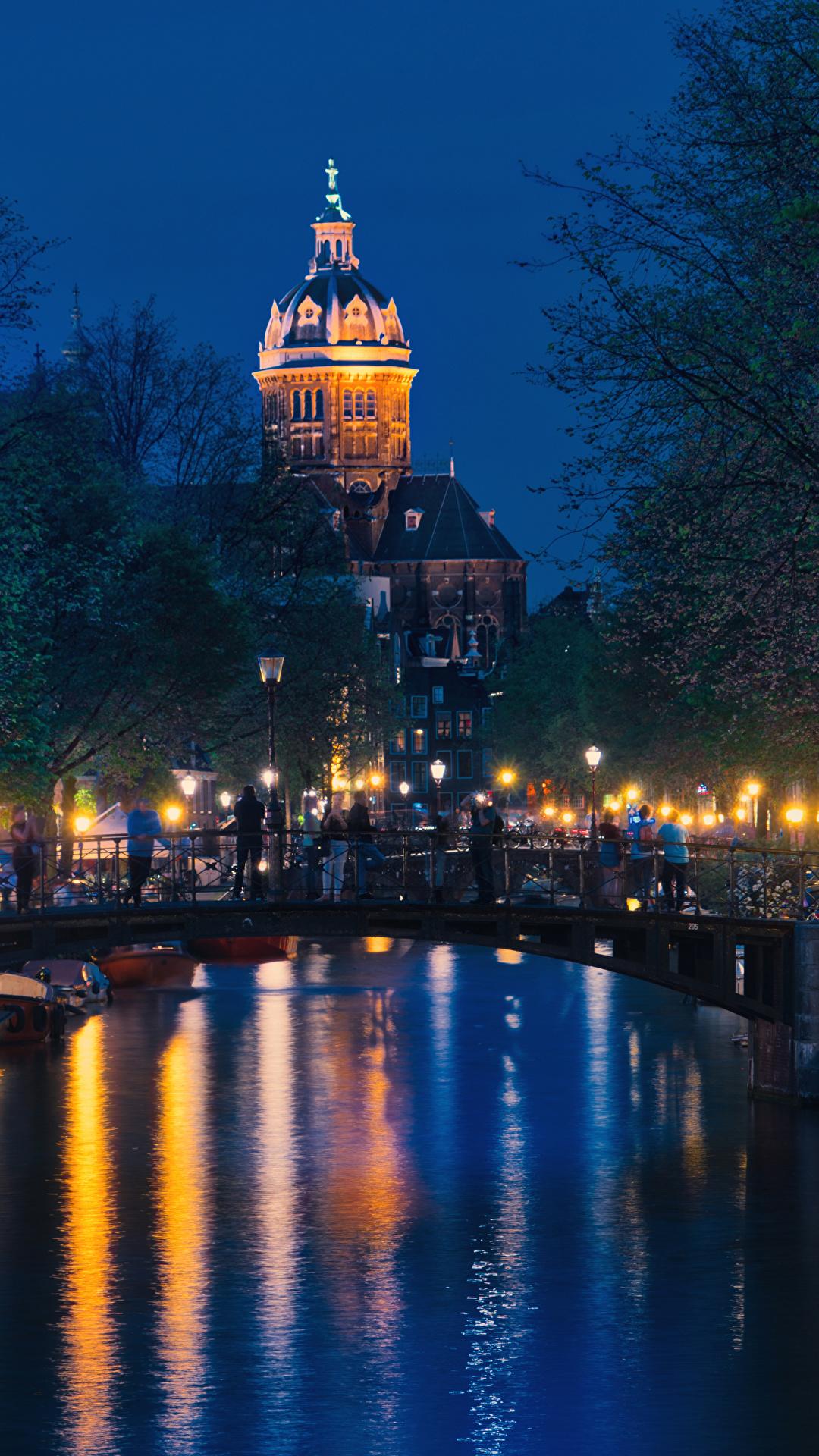 1080x1920 Wallpaper Amsterdam Netherlands Canal bridge Marinas night 1080x1920