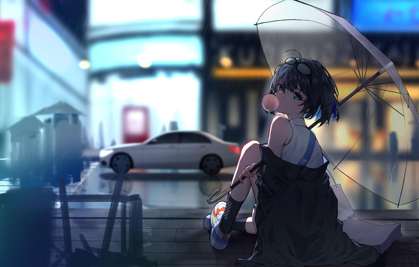 1332x850 Wallpaper girl, the city, rain, street, Honkai Impact 3rd image for desktop, section сёнэн