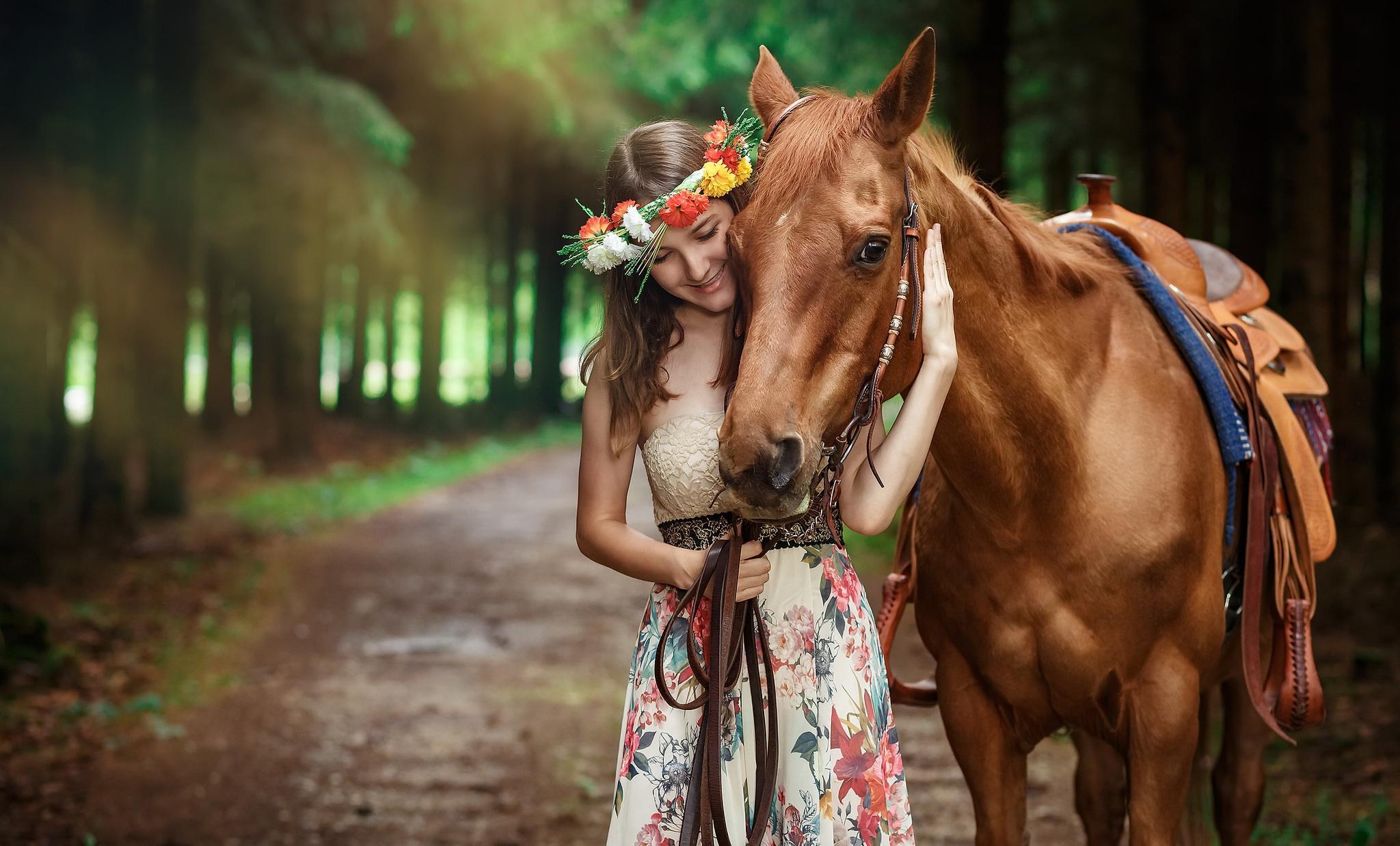 2048x1238 Cute Girl Smiling With Horse Outdoors Laptop HD HD 4k Wallpaper, Image, Background, Photo and Picture