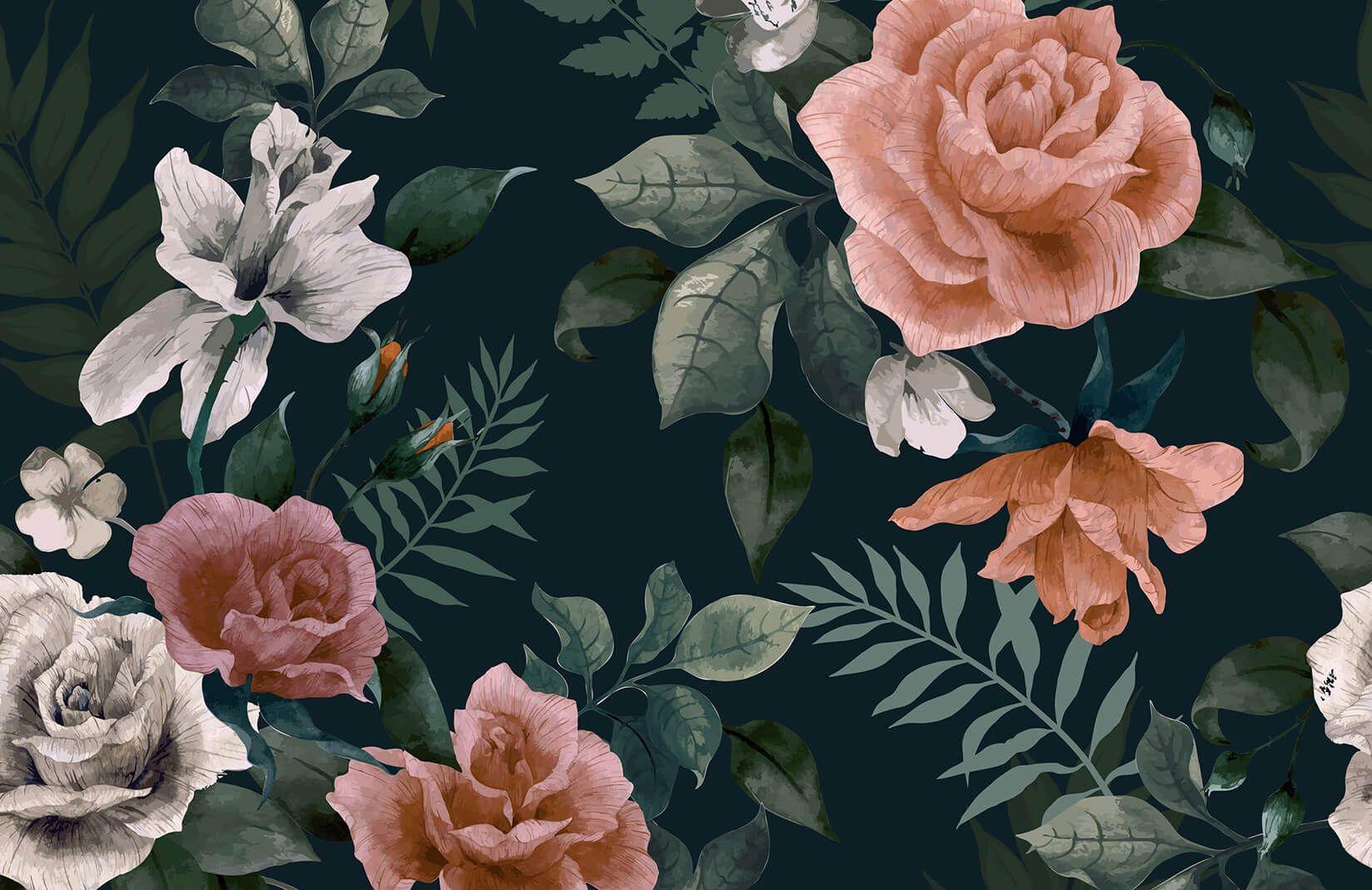 1650x1070 Dark walls in a home only work when done right, and our Dark Green and Pink Floral Wall Mural is. Pink floral wallpaper, Green floral wallpaper, Floral wallpaper