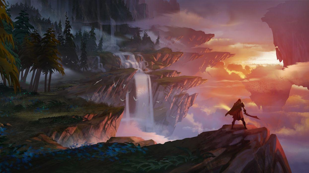 1245x700 Dauntless Floating Island Nature Sword Warrior Waterfall wallpaperx1080