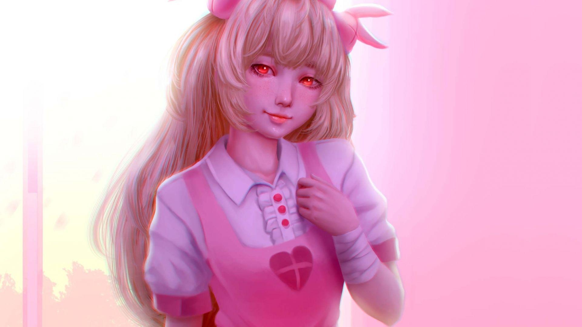 1920x1080 Pink dress, cute, anime girl, red eyes, art wallpaper, HD image, picture, background, cc2389