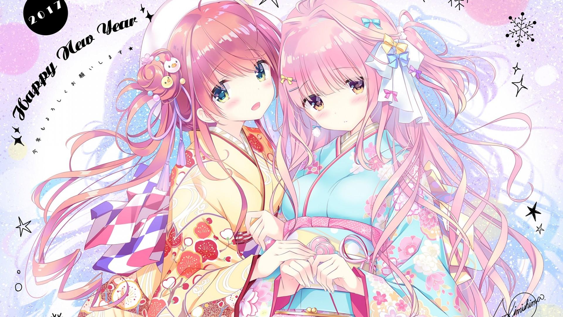1920x1080 Download 1920x1080 Anime Girls, Happy New Year Japanese Clothes, Cute, Pink Hair Wallpaper for Widescreen
