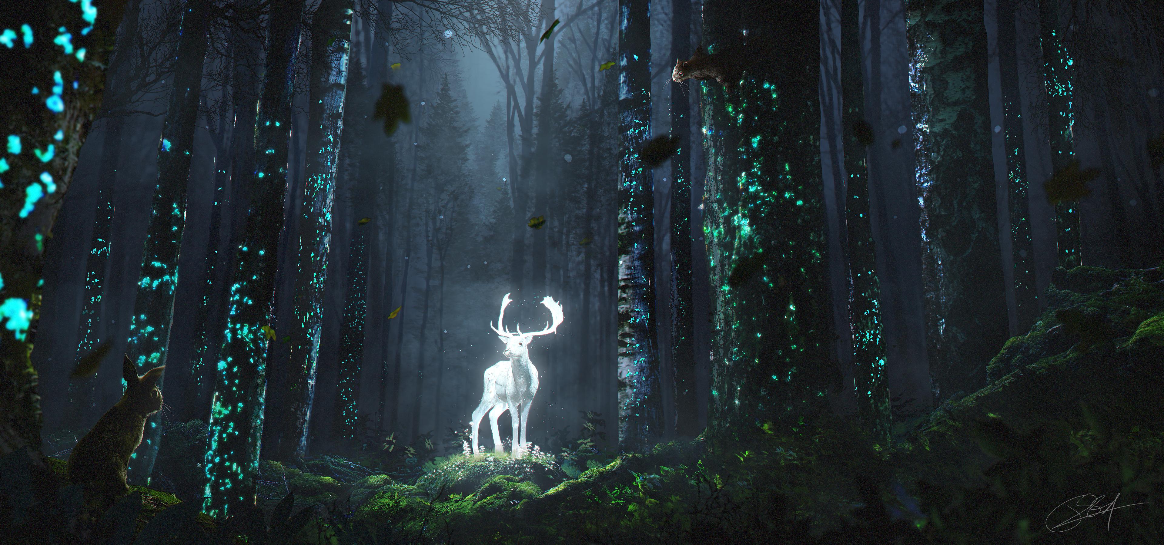 3840x1800 The fantasy forest of the glowing deer HD Wallpaper