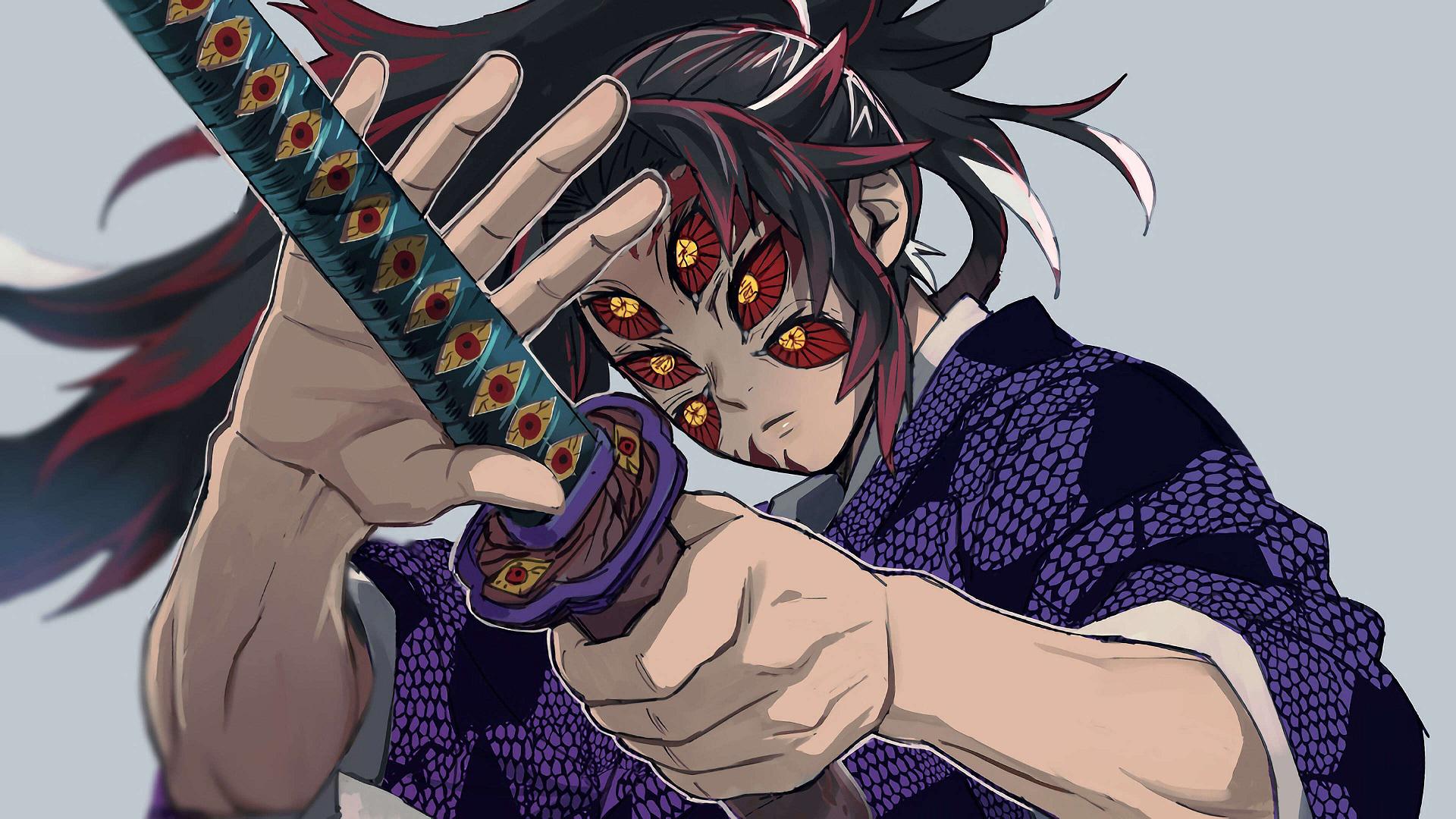 1920x1080 Demon Slayer Kokushibou Wearing Black And Purple Dress With Sword With Background Of Gray HD Anime Wallpaper