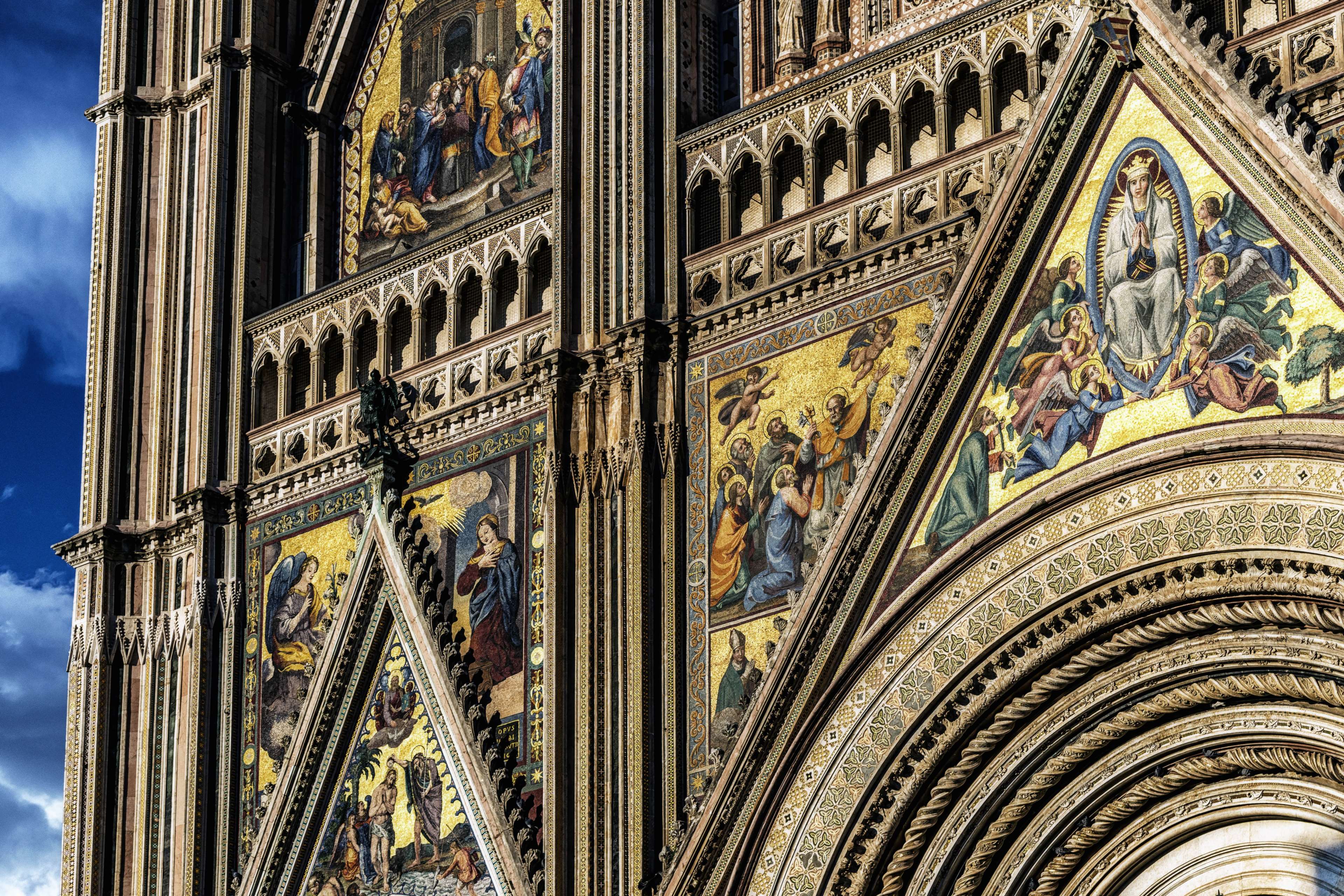 3840x2560 architecture, art, bible, cathedral, catholic, church, detail, dom, evening sun, facade, gloss, golden, gothic, history, impressive, italy, maria himmelfahrt, medieval, orvieto, places of interest, reflection, roman, 4k wallpaper