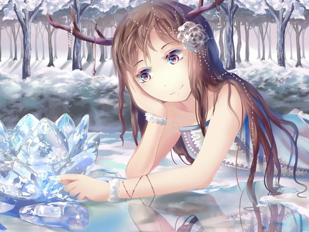 1024x768 Fairy anime sad over crystal flower Desktop wallpaper 1024x768