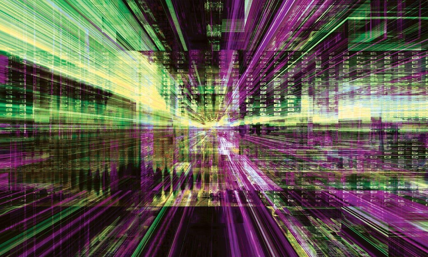 1366x820 Digital Glitch Purple Yellow Abstract Wallpaper Mural