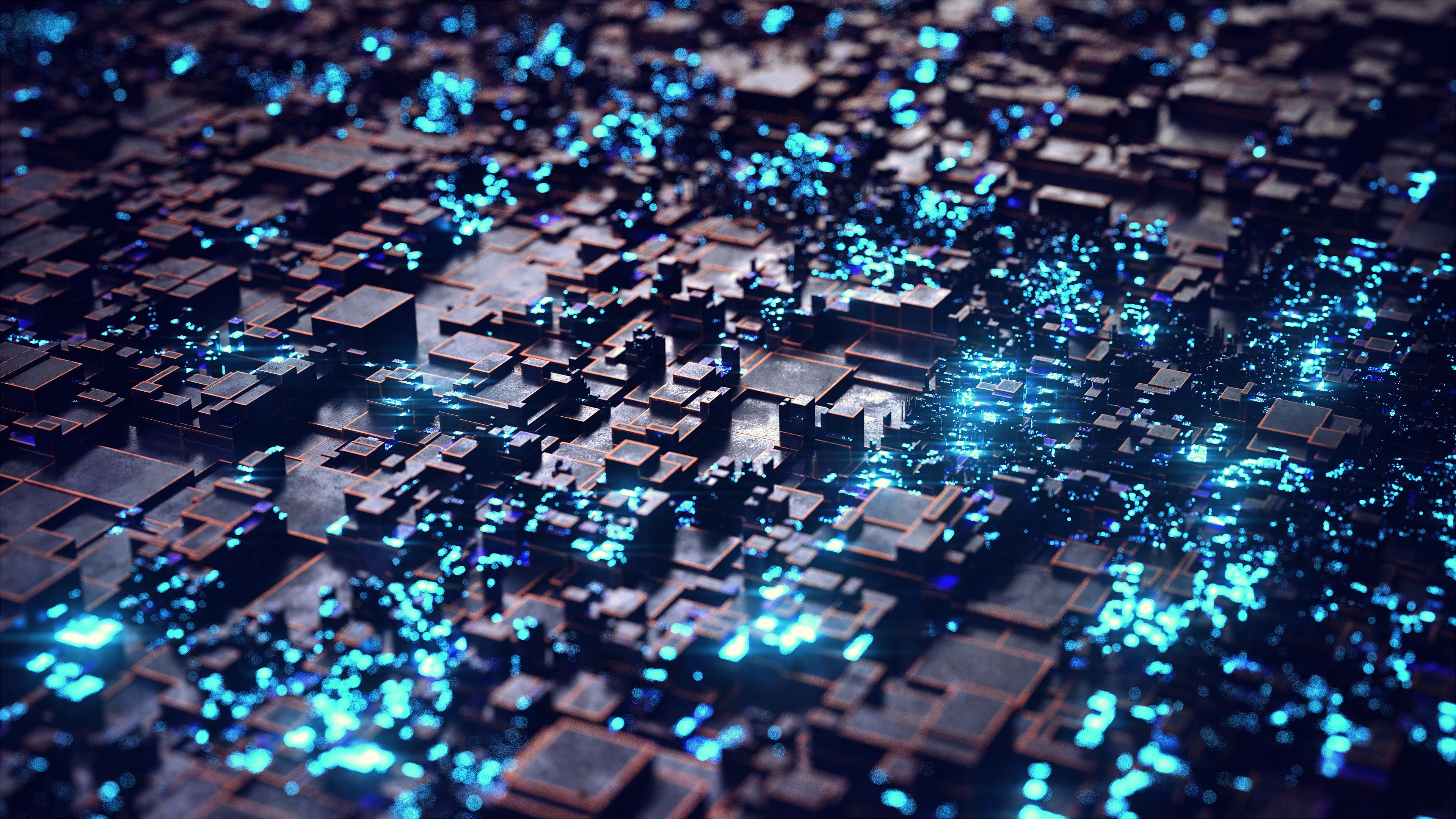 3840x2160 Greebles Wallpaper 4K, Render, CGI, 3D background, Cyan background, Abstract