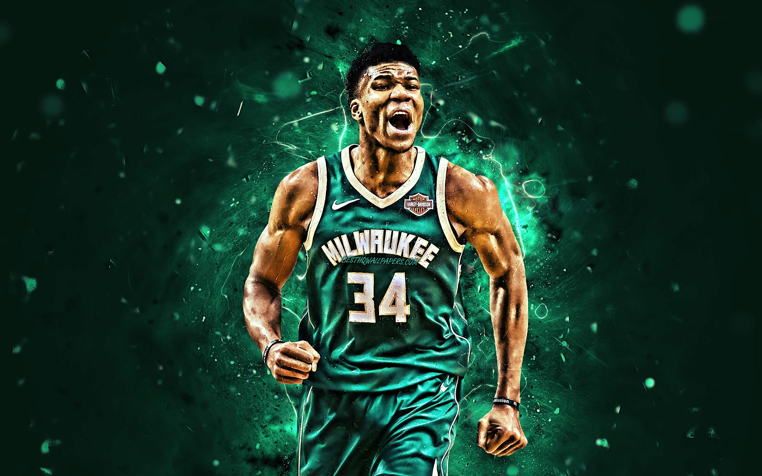 2880x1800 Download wallpaper Giannis Antetokounmpo, joy, NBA, Milwaukee Bucks, basketball stars, Antetokounmpo, basketball, green background, neon lights, creative, Antetokounmpo Bucks for desktop with resolution 2880x1800. High Quality HD picture wallpaper