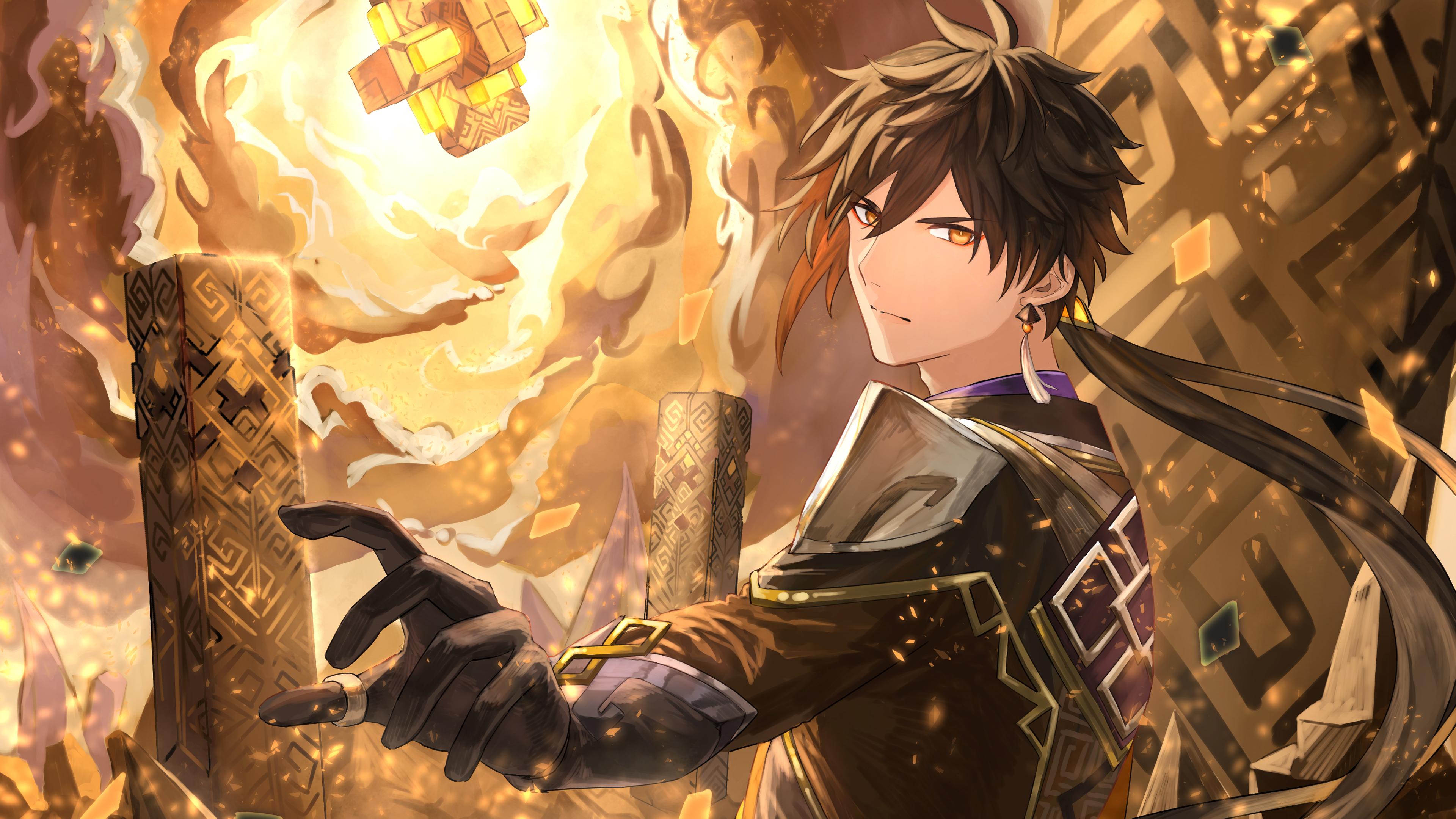 3840x2160 Zhongli In Fire Background 4K HD Genshin Impact Wallpaper