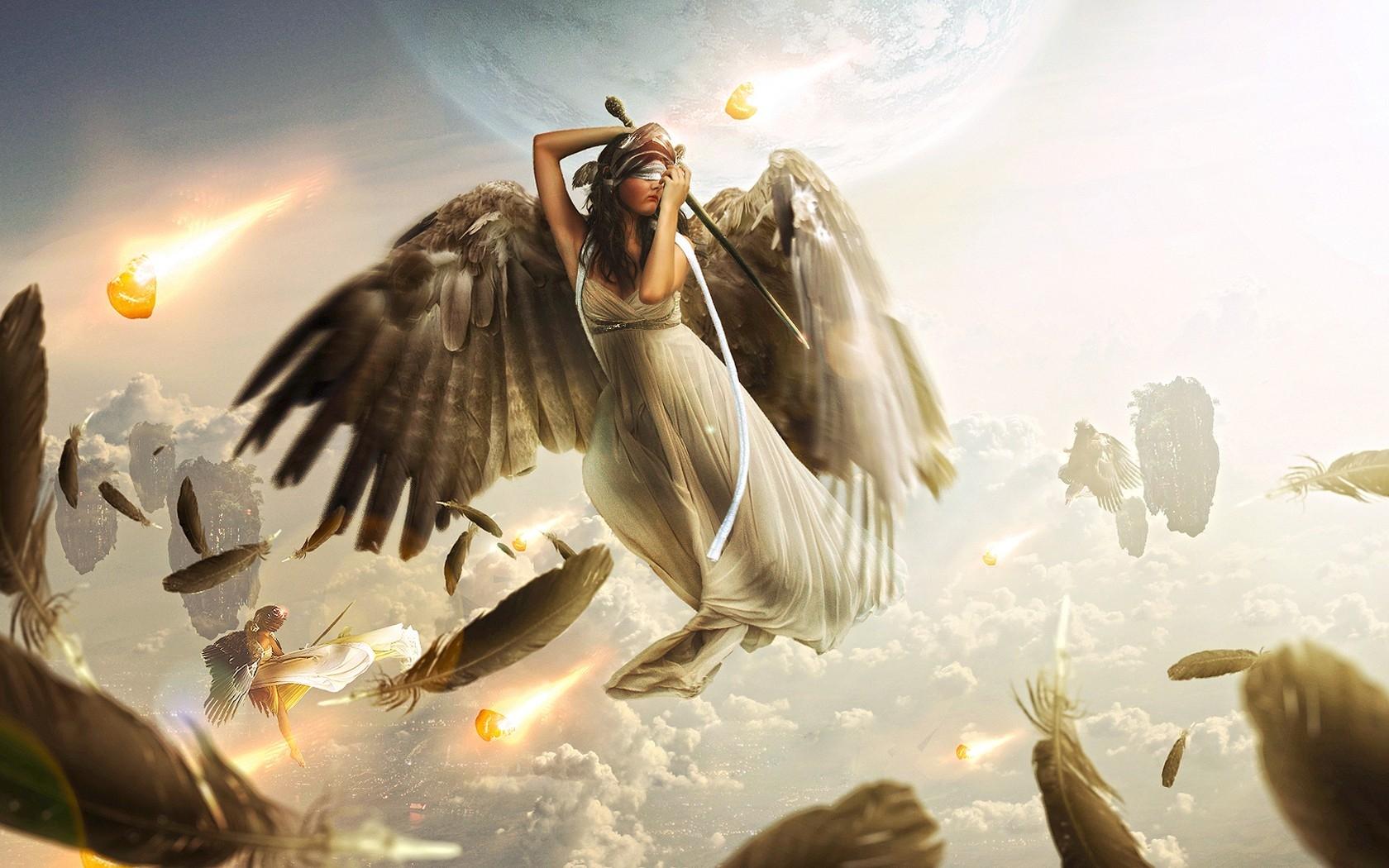 1680x1050 light brunettes angels women wings dress flying swords 1680x1050 wallpaper High Quality Wallpaper, High Definition Wallpaper