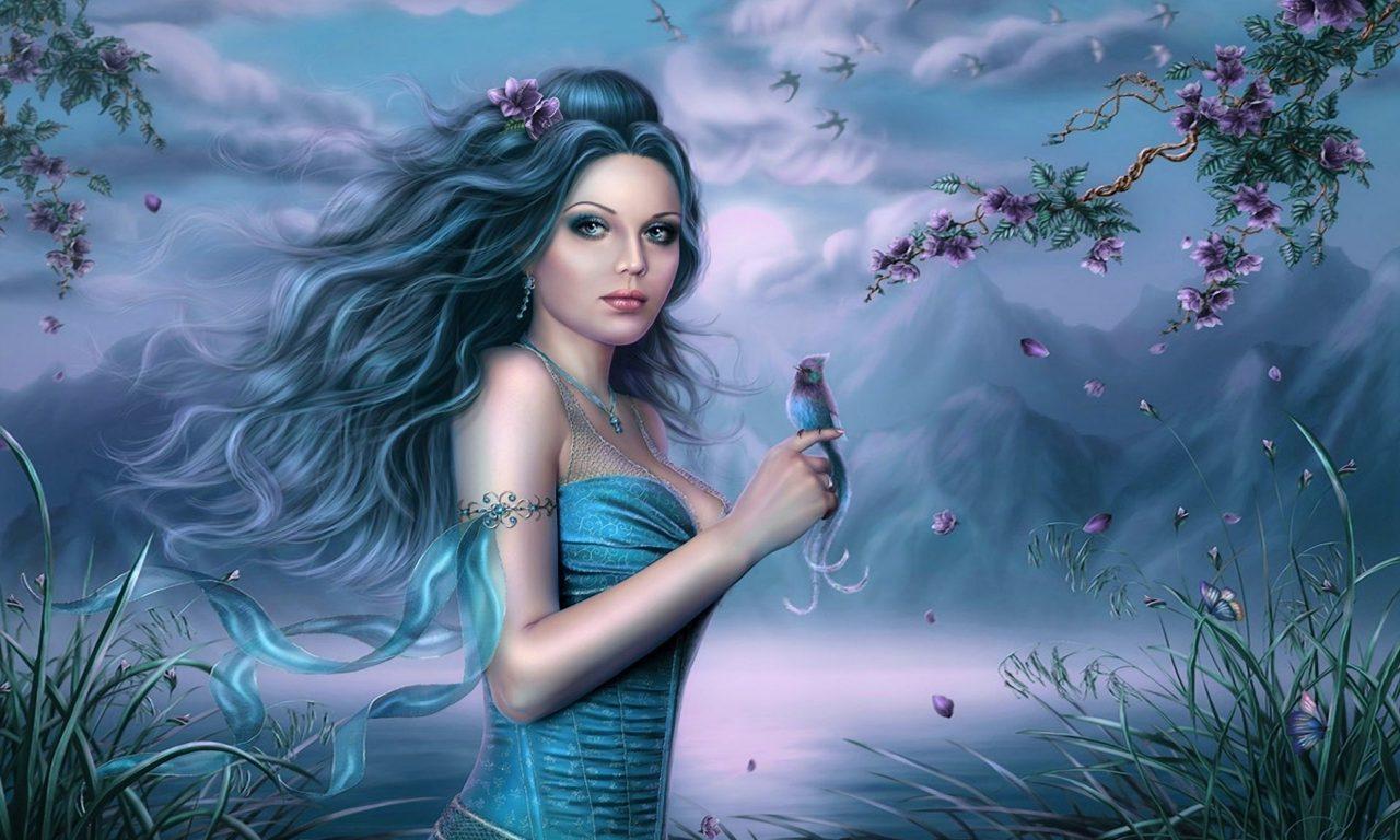 1280x768 Awakening Of Nature Fantasy Girl Long Black Haired Bird Finger Blooming Trees Flight Of Butterflies And Birds Spring Wind Computer Wallpaper HD 2560x1600 :