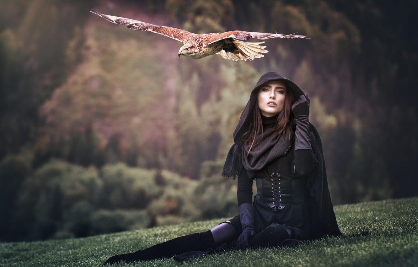 1332x850 Wallpaper forest, grass, look, girl, flight, mountains, nature, background, bird, feet, glade, wings, slope, beauty, hood, gloves image for desktop, section настроения