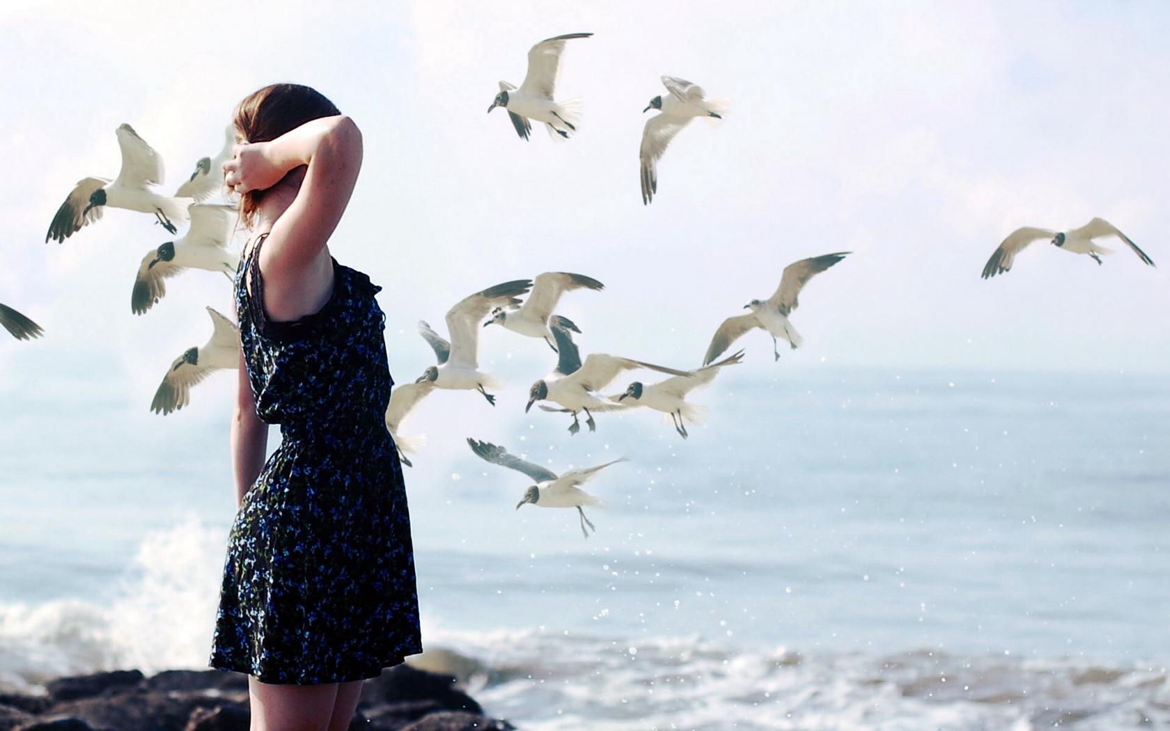 1680x1050 Woman Girl Birds Situation Seashore Seagulls Waves wallpaperx1050