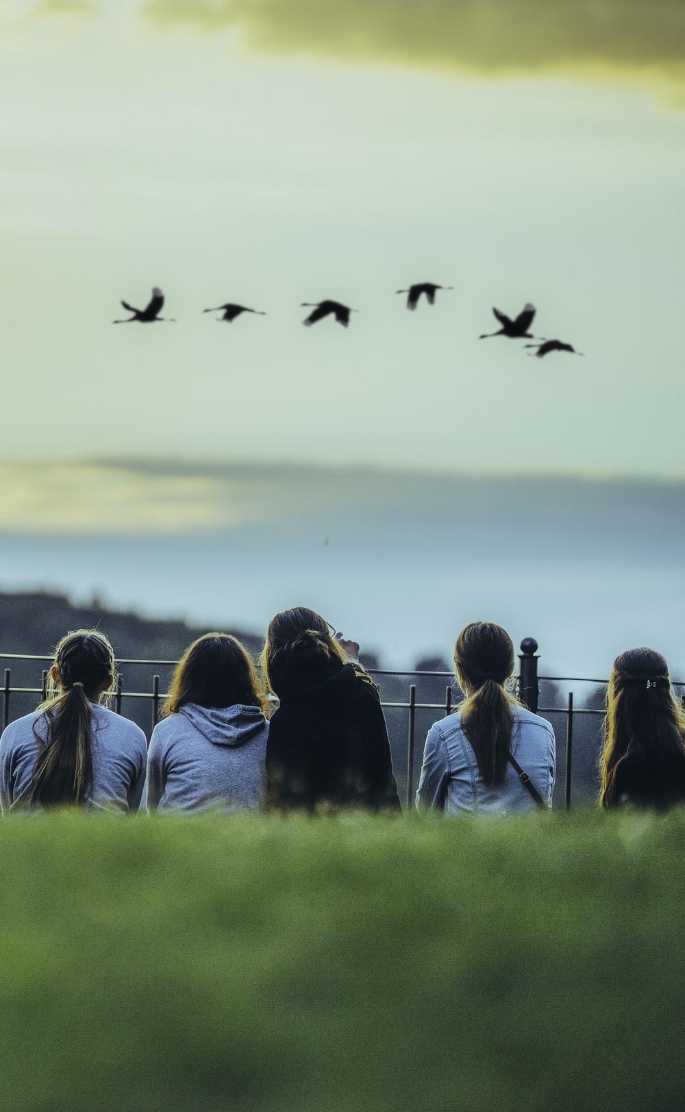 1000x1623 woman in blue long sleeve shirt looking at birds photo