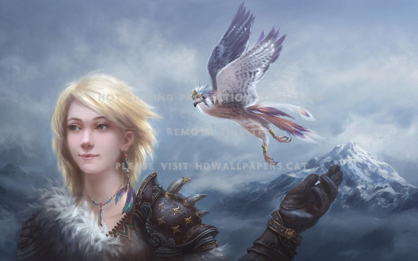 1680x1050 fantasy girl and falcon fly blue master