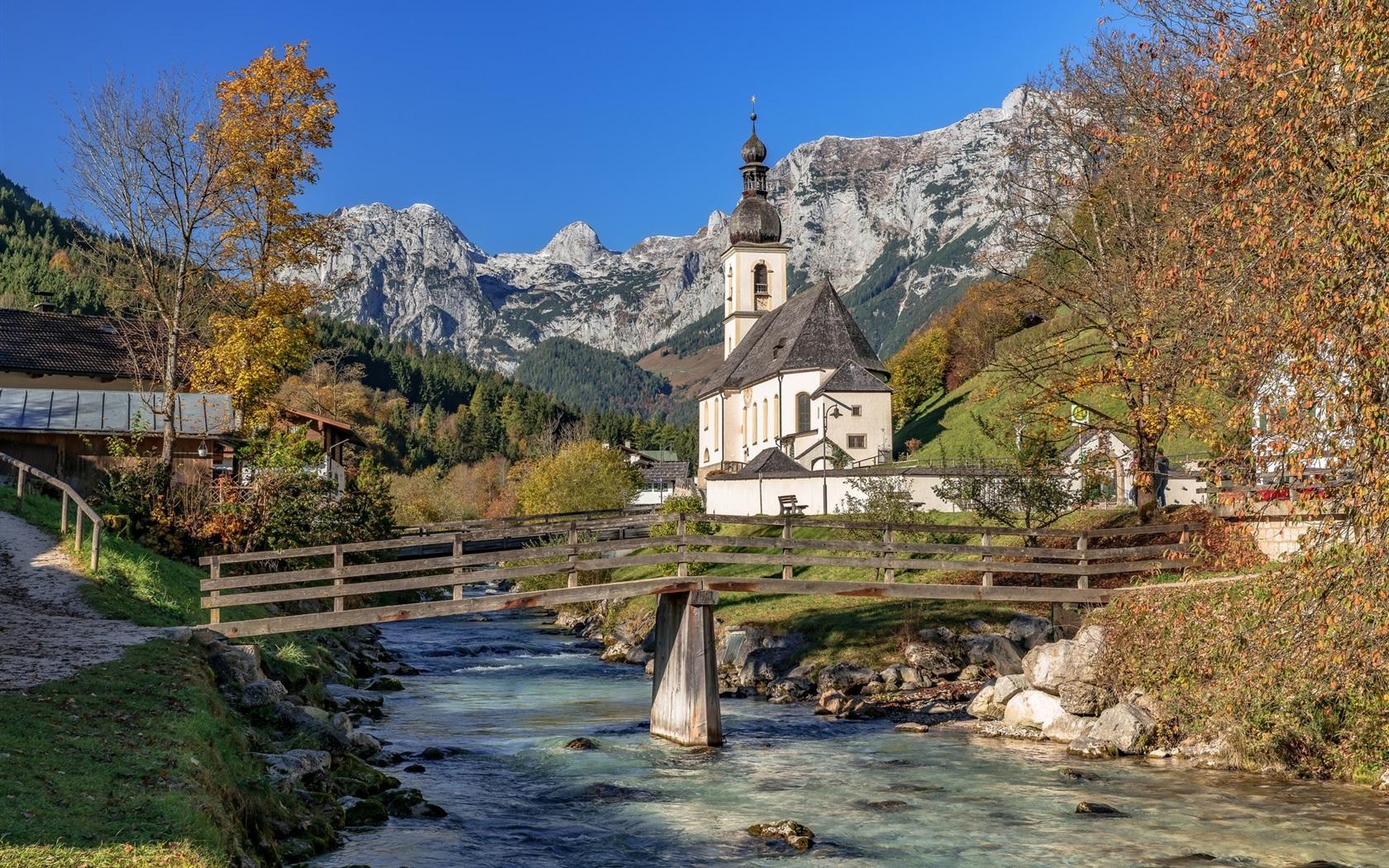 1680x1050 Wallpaper Ramsau, Bavarian Alps, Germany, church, town, trees, river, bridge 1920x1200 HD Picture, Image