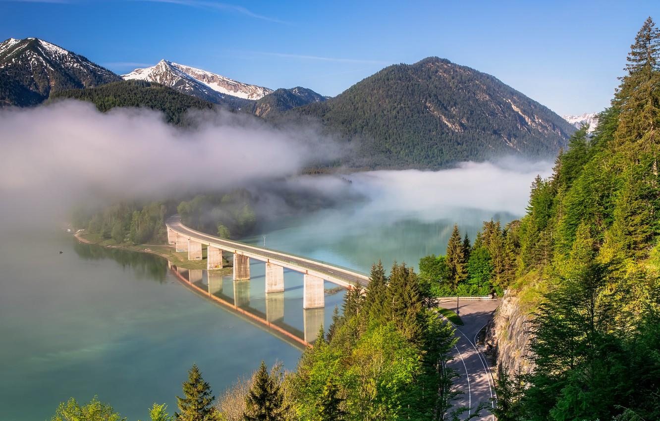 1332x850 Wallpaper road, forest, trees, mountains, bridge, fog, lake, Germany, Bayern, Germany, Bavaria, Bavarian Alps, The Bavarian Alps, Lake Sylvenstein, Sylvenstein Lake image for desktop, section пейзажи