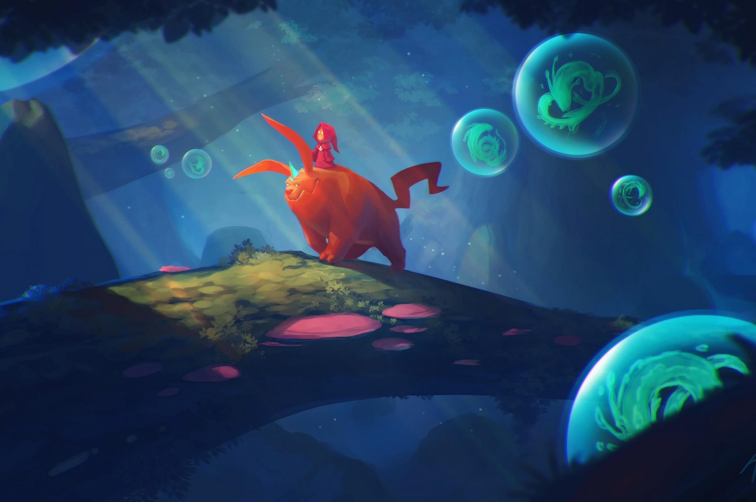 2560x1700 Download 2560x1700 Cute Creature, Rider, Hoodie, Forest, Artwork Wallpaper for Chromebook Pixel