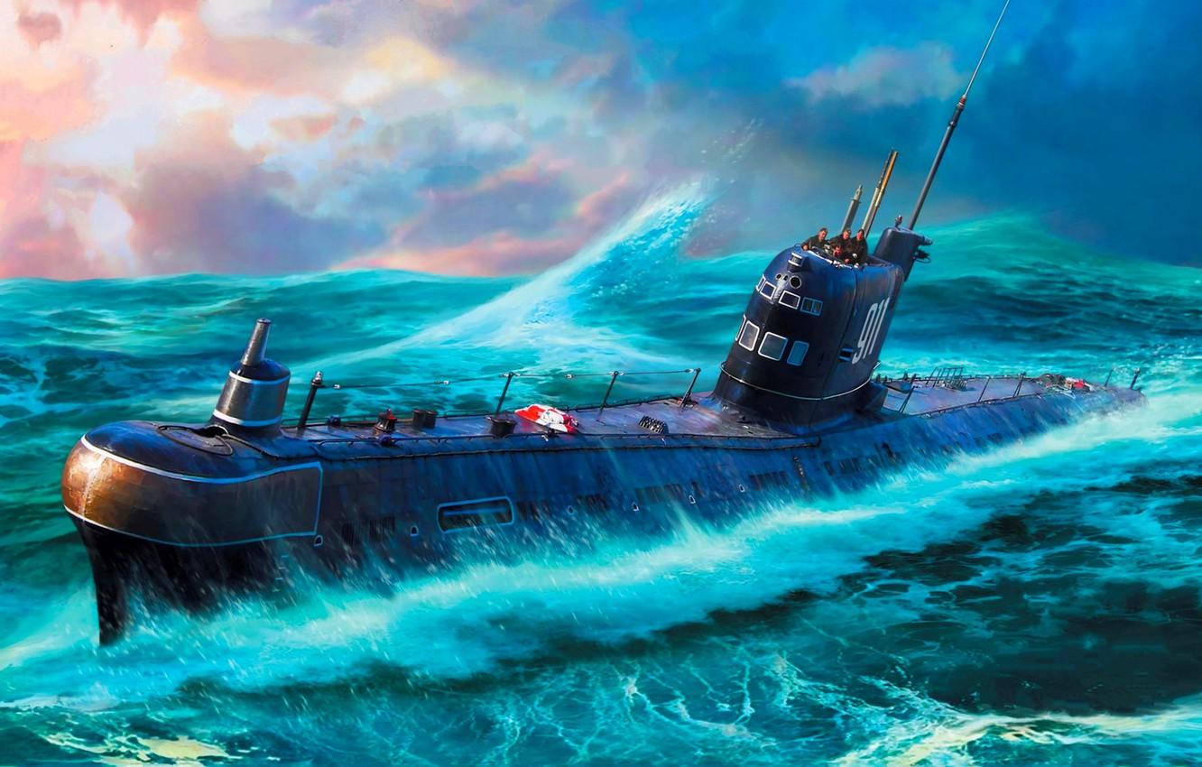1332x850 Wallpaper Wave, USSR, Submarine, THE SOVIET NAVY, Diesel Electric, проекта Б 36 Image For Desktop, Section оружие
