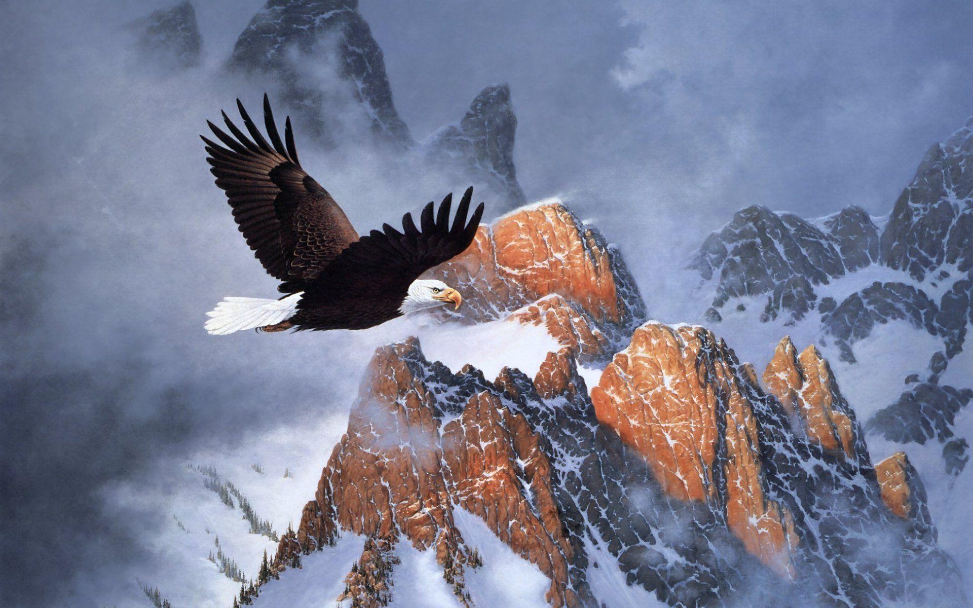 1920x1200 Art Painting Derk Hansen Mountains Eagles Wallpaper HD