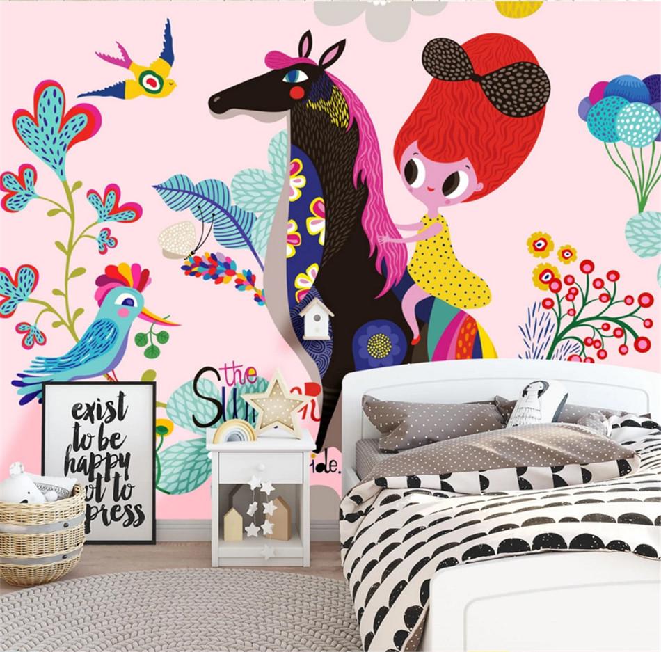 950x937 Nordic Hand painted Cartoon Dream Horse Magical Bird Children's Room Background Mural Wallpaper Custom Wall Paper for Kids Room. Wallpaper