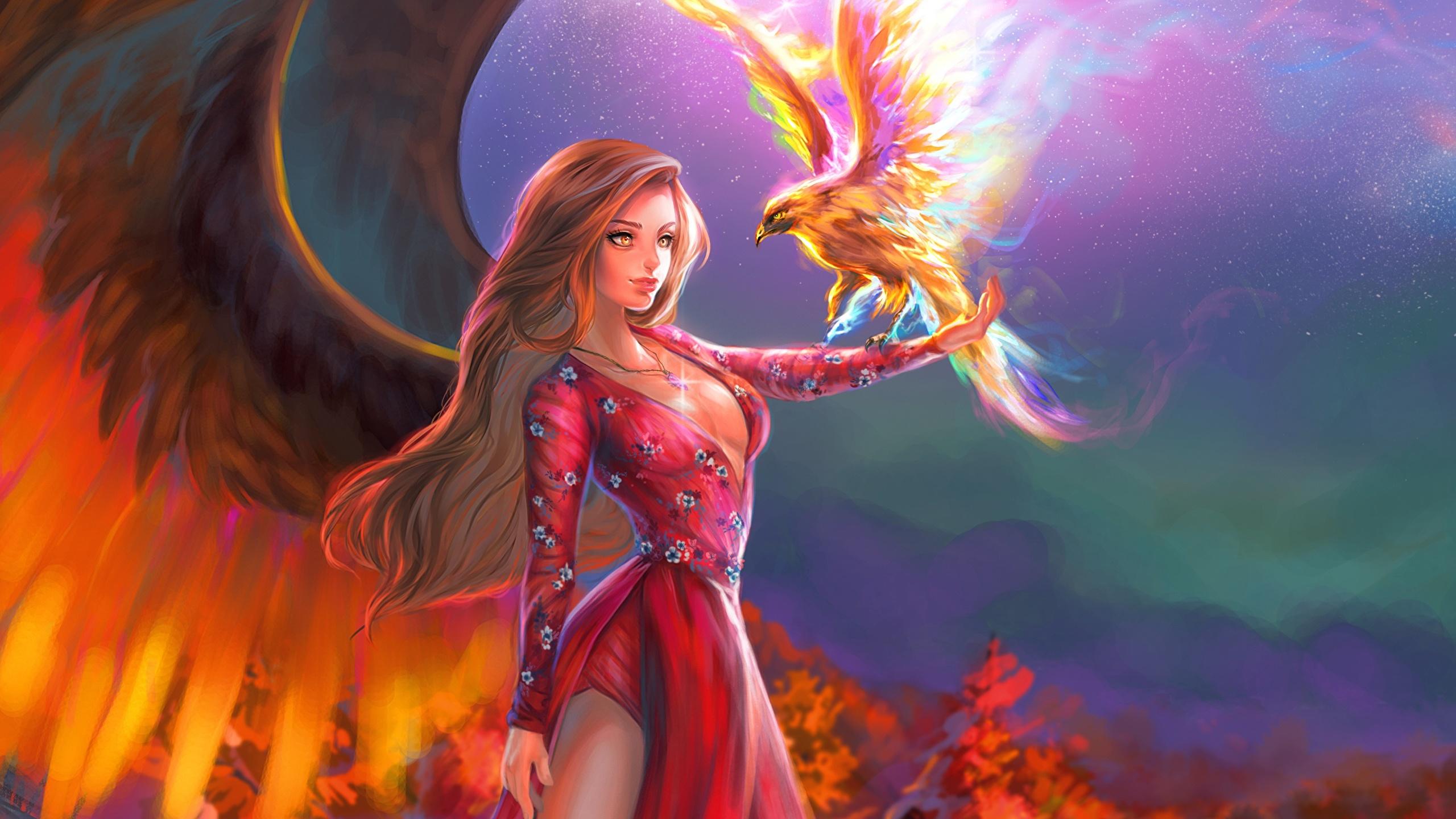 2560x1440 Photo bird Wings female Fantasy Magical animals gown 2560x1440
