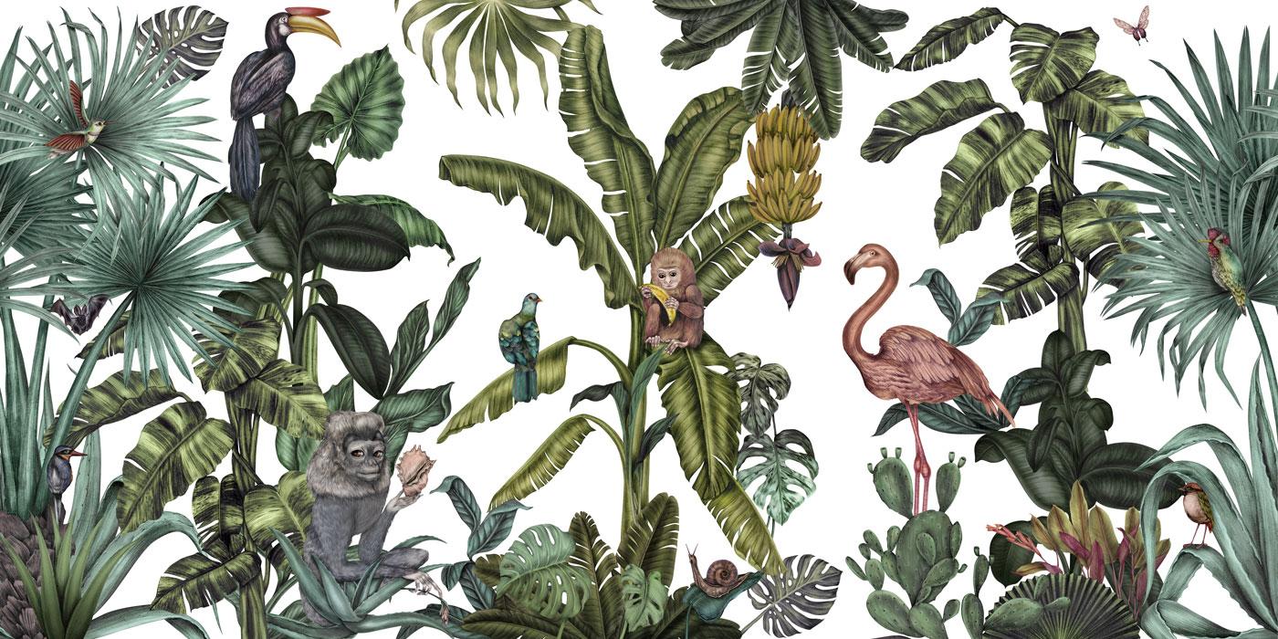 1400x700 Green & White Exotic Bird Monkey Jungle Mural
