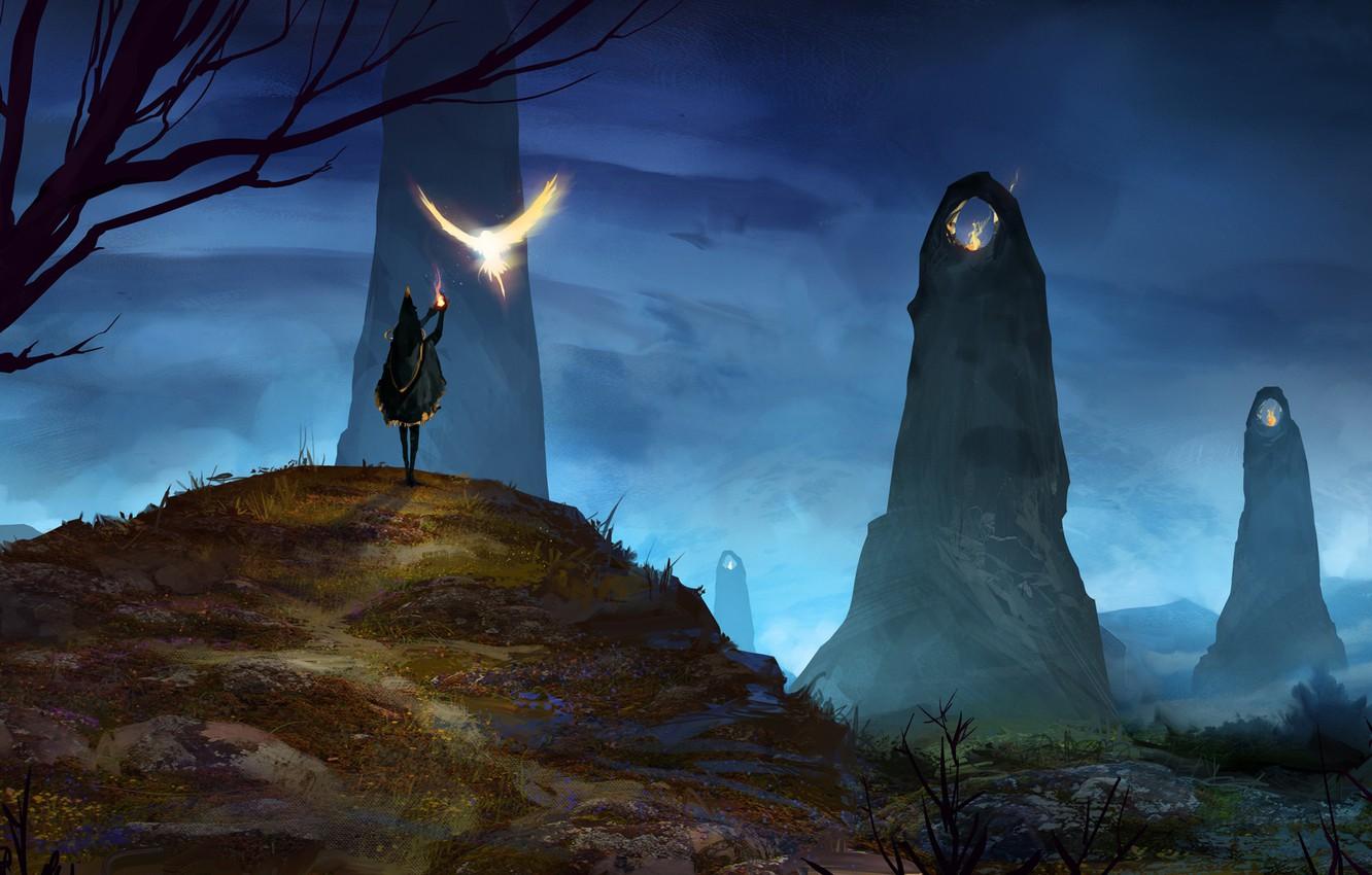 1332x850 Wallpaper stones, bird, magic, people, wings, fantasy, art image for desktop, section фантастика